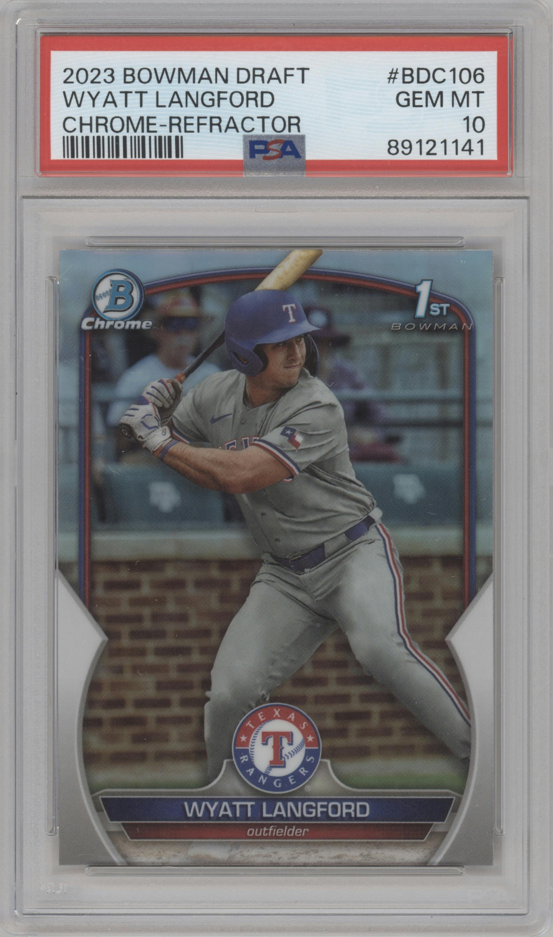 Wyatt Langford from the 2023 Bowman Draft set featuring a Refractor parallel graded by PSA and given an overall grade of 10.