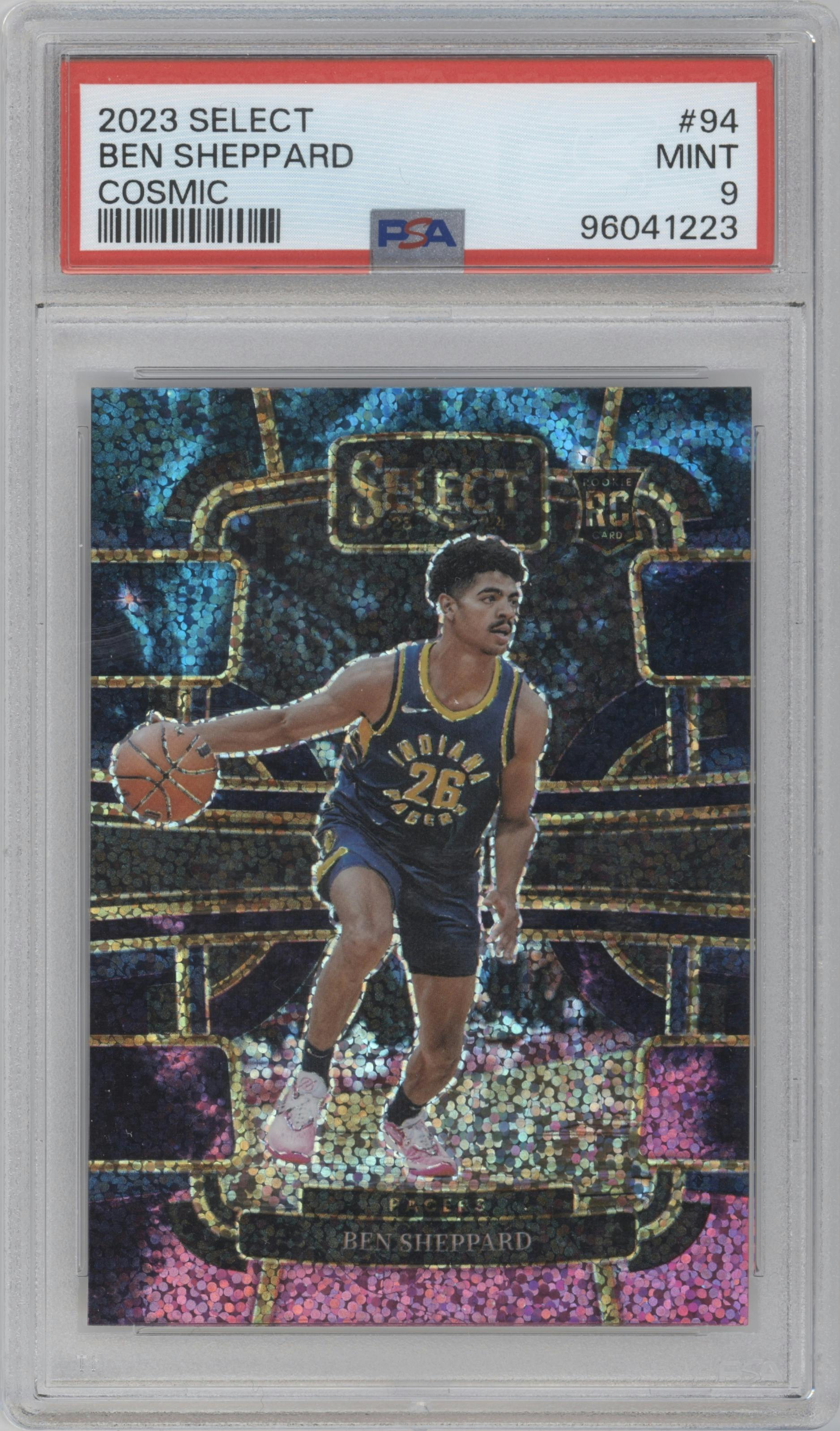 Ben Sheppard from the 2023-24 Panini Select  set featuring a Cosmic Prizm parallel graded by PSA and given an overall grade of 9.