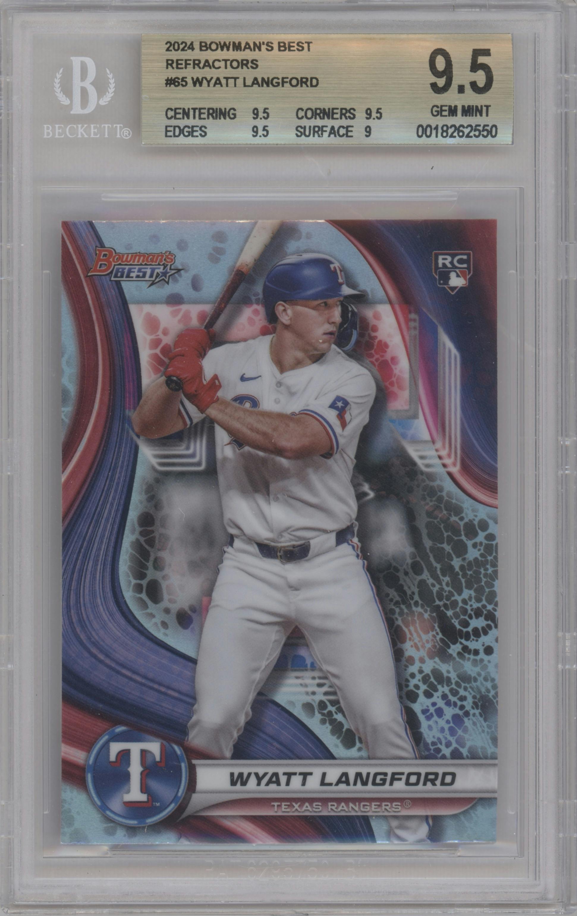 Wyatt Langford from the 2024 Bowman's Best set featuring a Refractor parallel graded by Beckett and given an overall grade of 9.5.