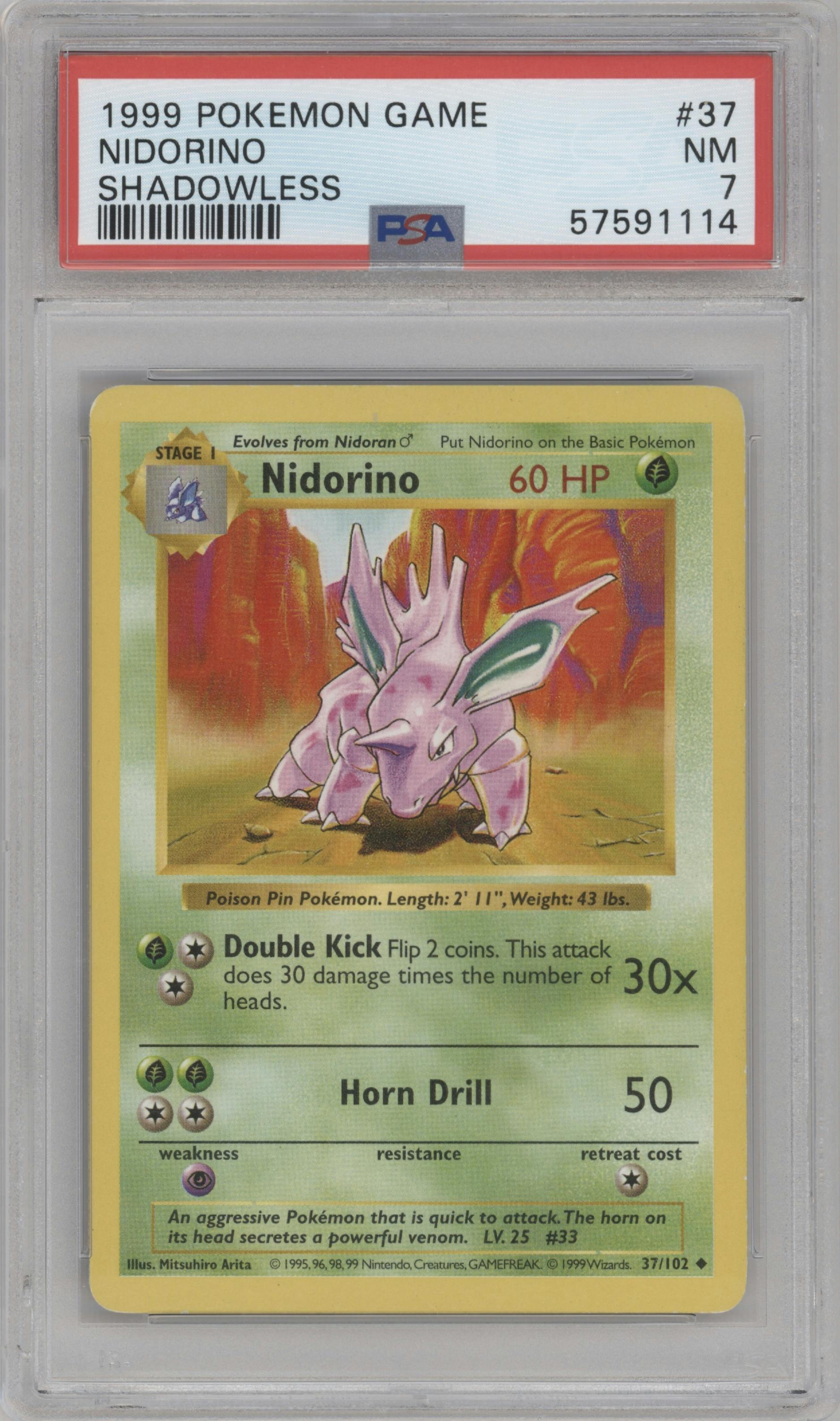 Nidorino from the 1999 Pokemon set graded by PSA and given an overall grade of 7.