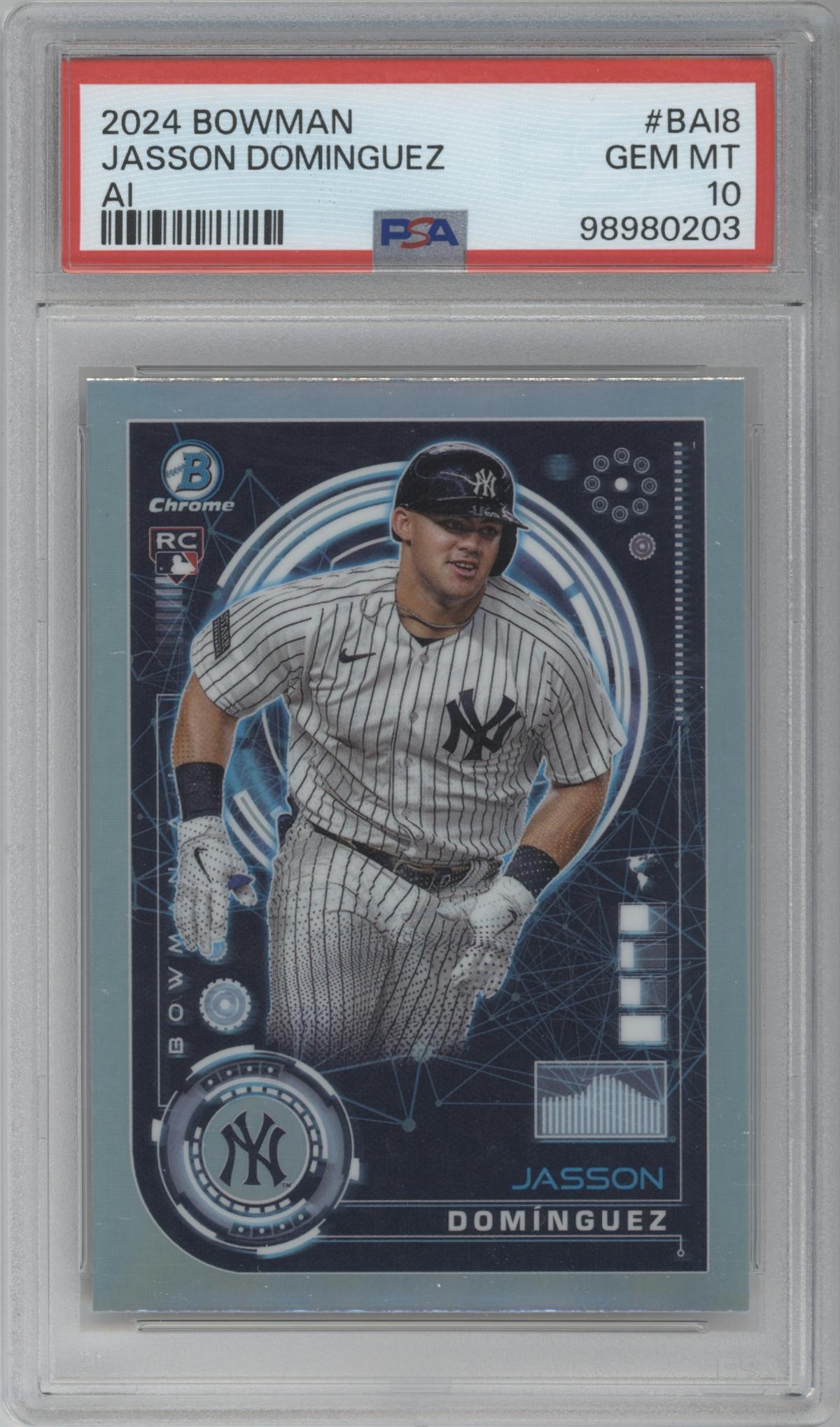 Jasson Dominguez from the 2024 Bowman set graded by PSA and given an overall grade of 10.