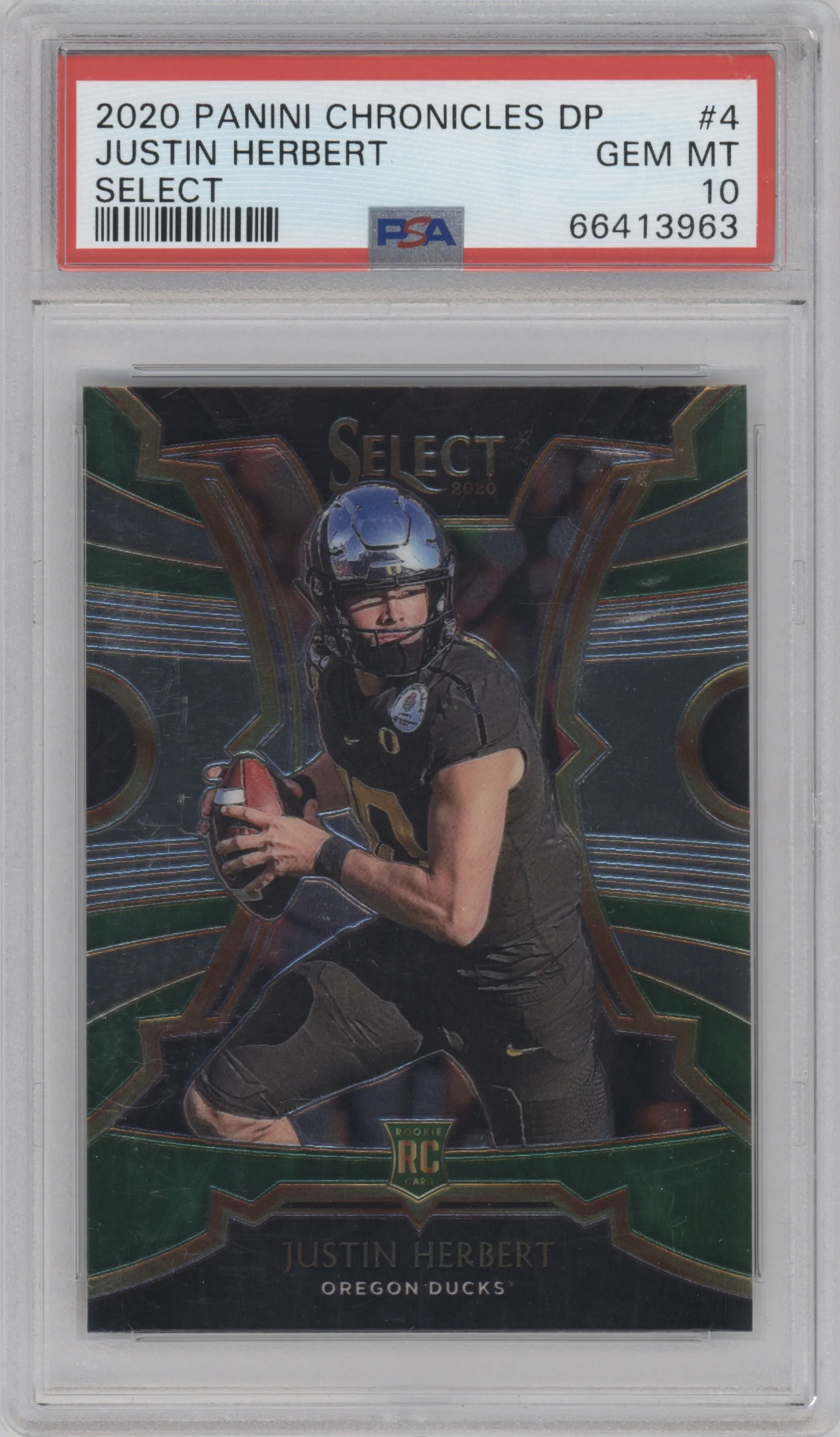 Justin Herbert from the 2020 Panini Chronicles Draft Picks  set graded by PSA and given an overall grade of 10.