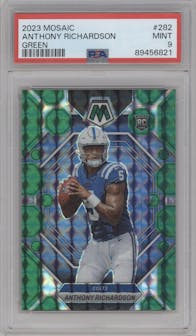 Anthony Richardson from the 2023 Panini Mosaic set featuring a Green Mosaic parallel graded by PSA and given an overall grade of 9.