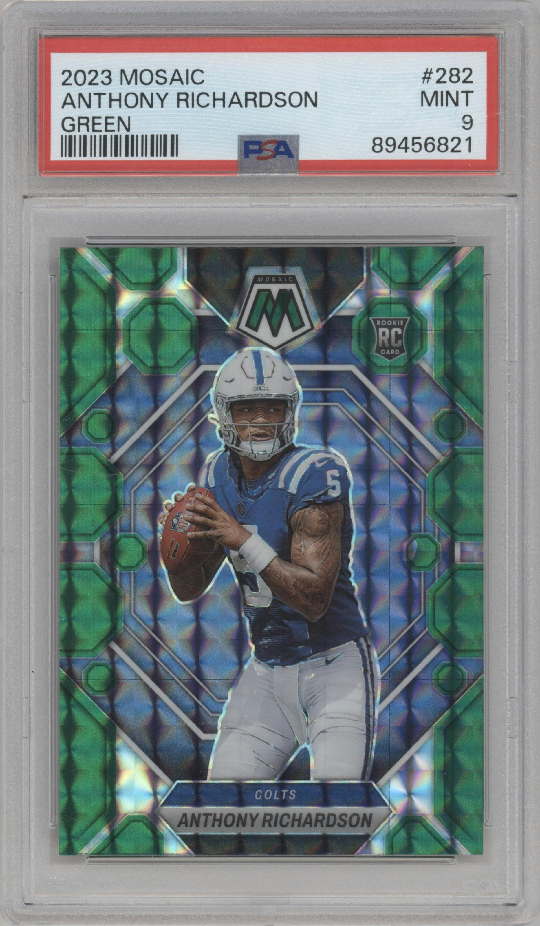 Anthony Richardson from the 2023 Panini Mosaic set featuring a Green Mosaic parallel graded by PSA and given an overall grade of 9.