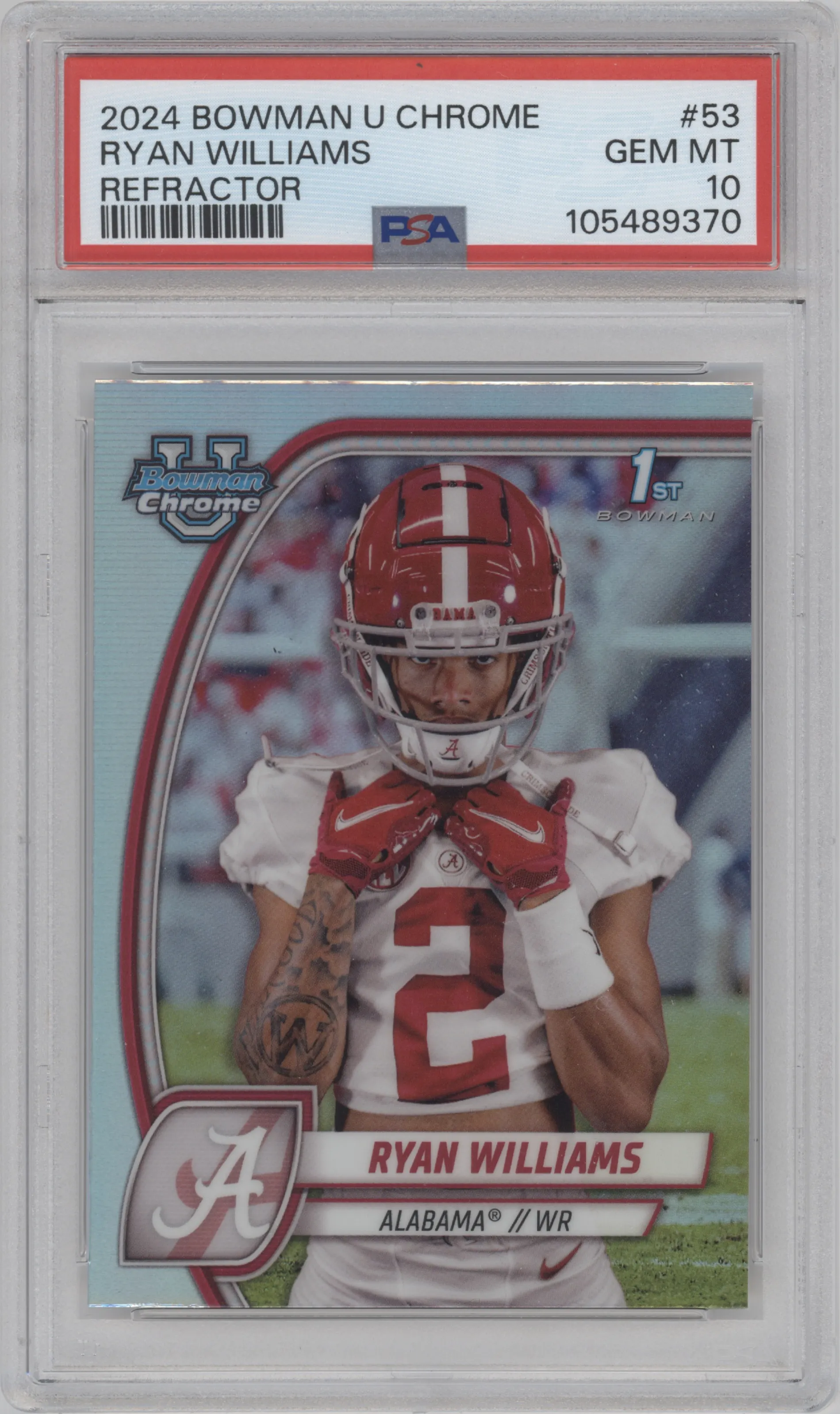 Ryan Williams from the 2024 Bowman University Chrome set featuring a Refractor parallel graded by PSA and given an overall grade of 10.
