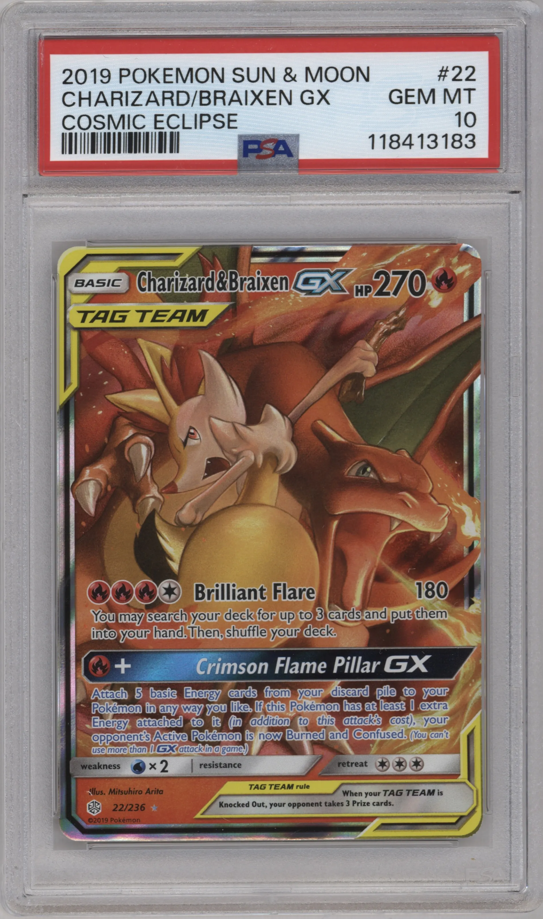 Charizard/Braixen GX from the 2019 Pokemon S&M  set graded by PSA and given an overall grade of 10.