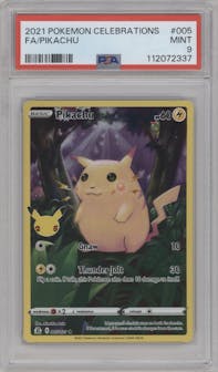 Pikachu from the 2021 Pokemon SWSH set graded by PSA and given an overall grade of 9.