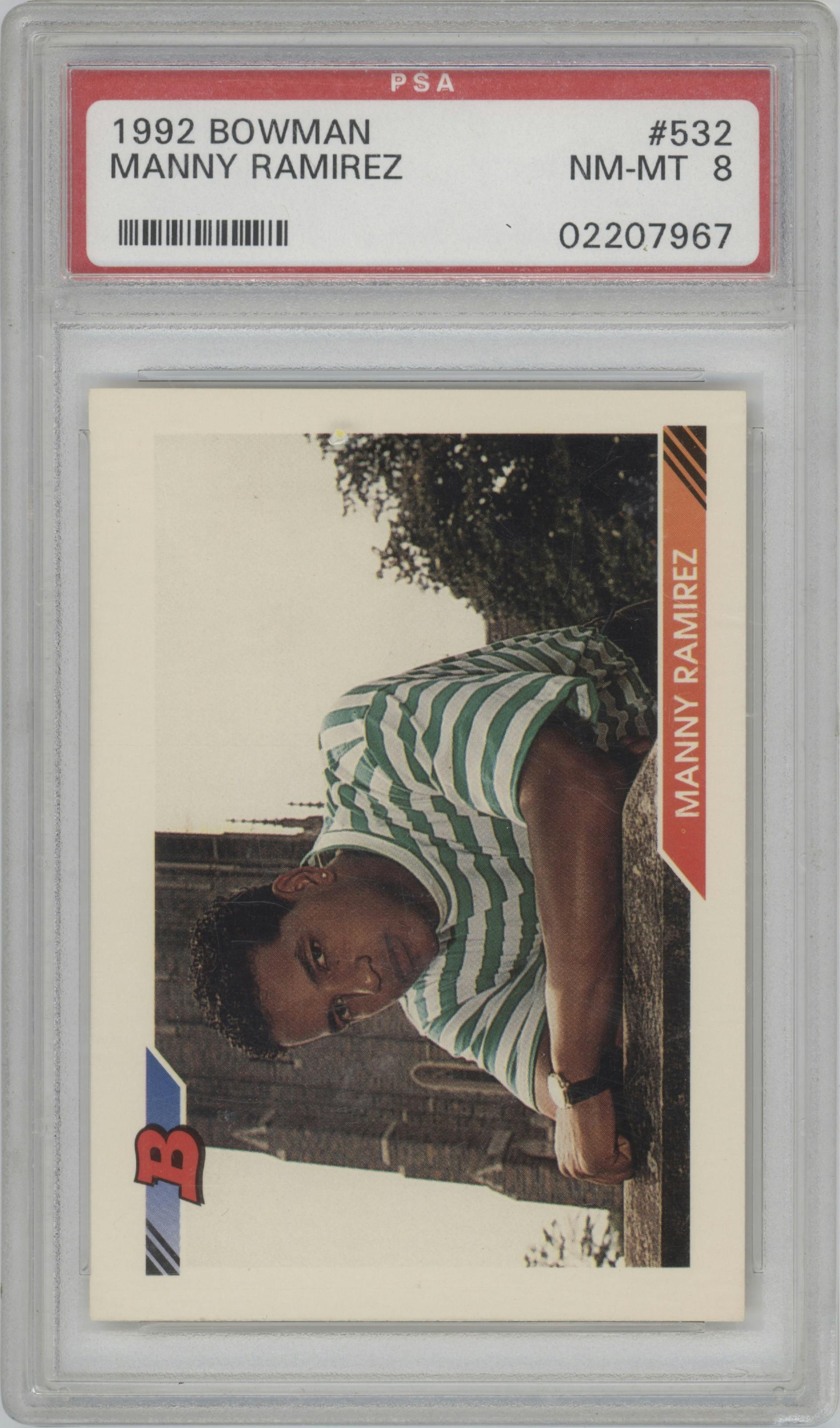 Manny Ramirez from the 1992 Bowman set graded by PSA and given an overall grade of 8.