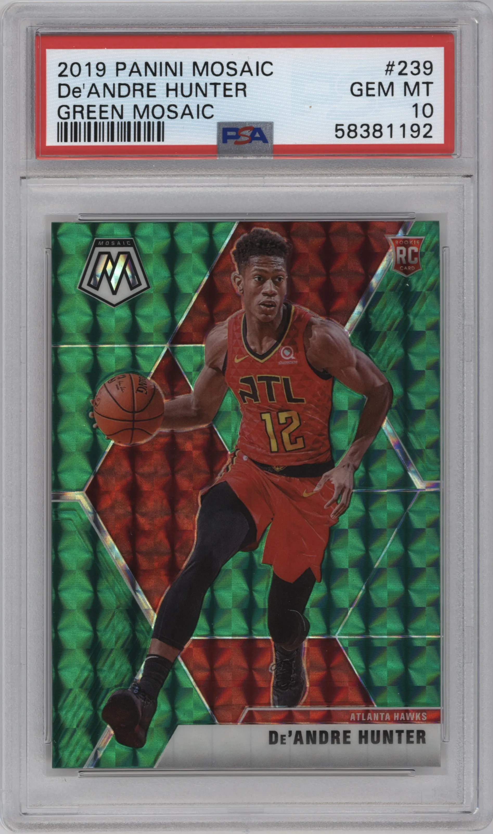 De'Andre Hunter from the 2019-20 Panini Mosaic  set featuring a Green Mosaic parallel graded by PSA and given an overall grade of 10.