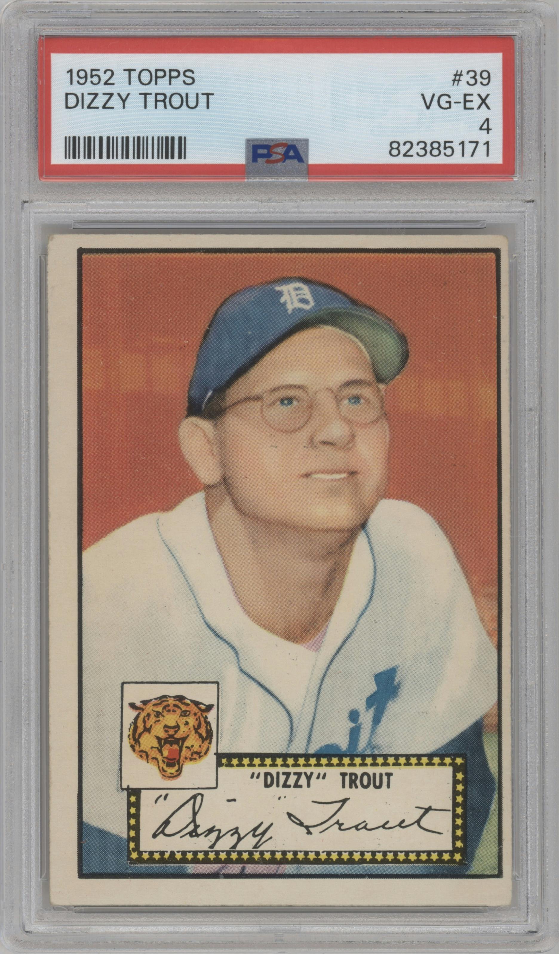 Dizzy Trout from the 1952 Topps set featuring a Red Back parallel graded by PSA and given an overall grade of 4.