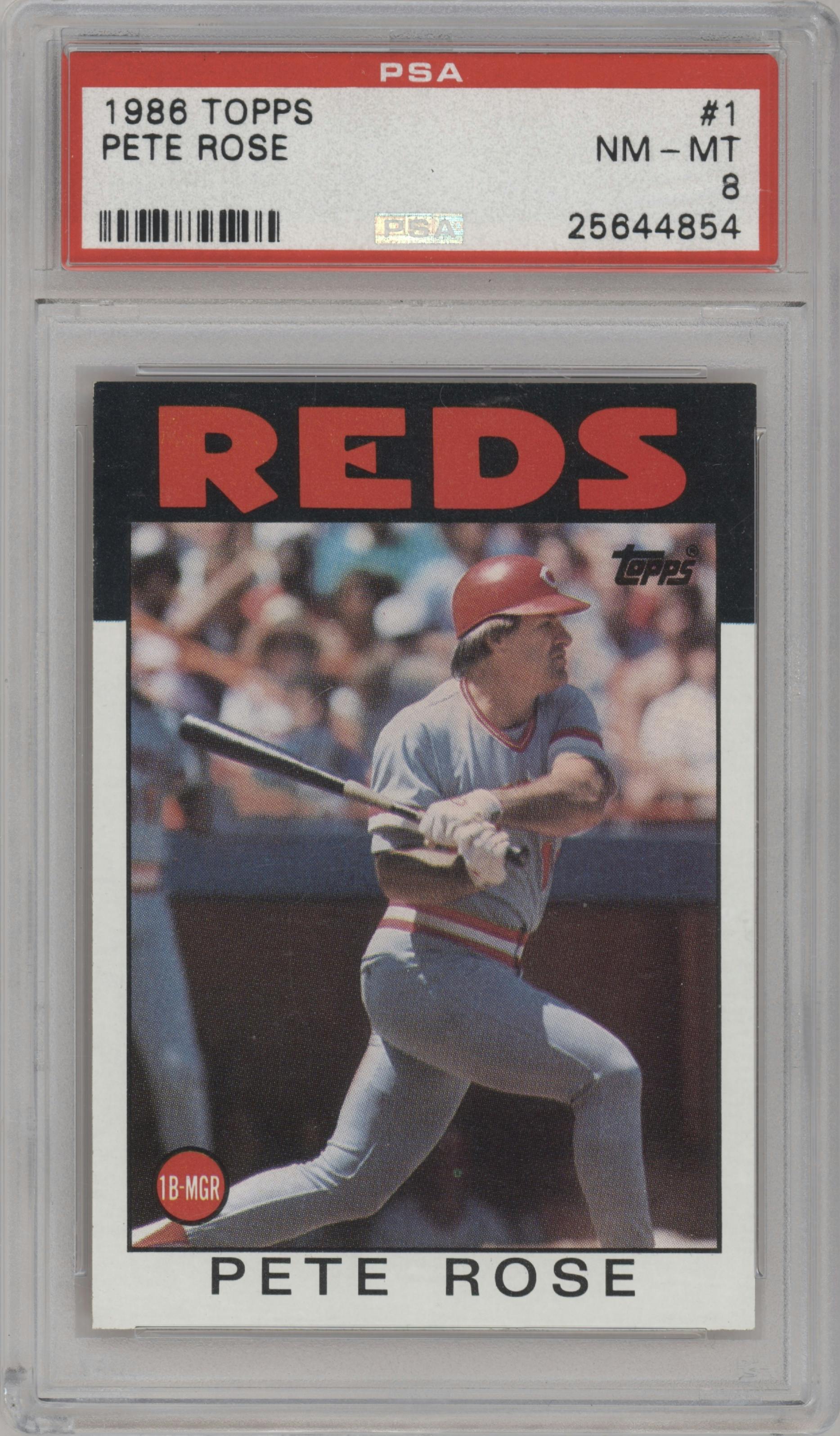 Pete Rose from the 1986 Topps set graded by PSA and given an overall grade of 8.