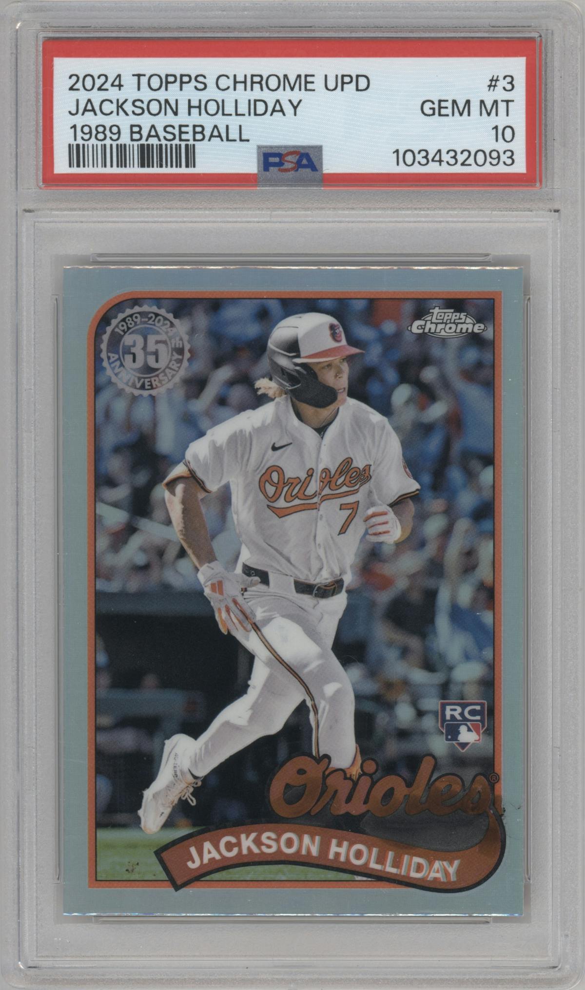 Jackson Holliday from the 2024 Topps Chrome Update set graded by PSA and given an overall grade of 10.