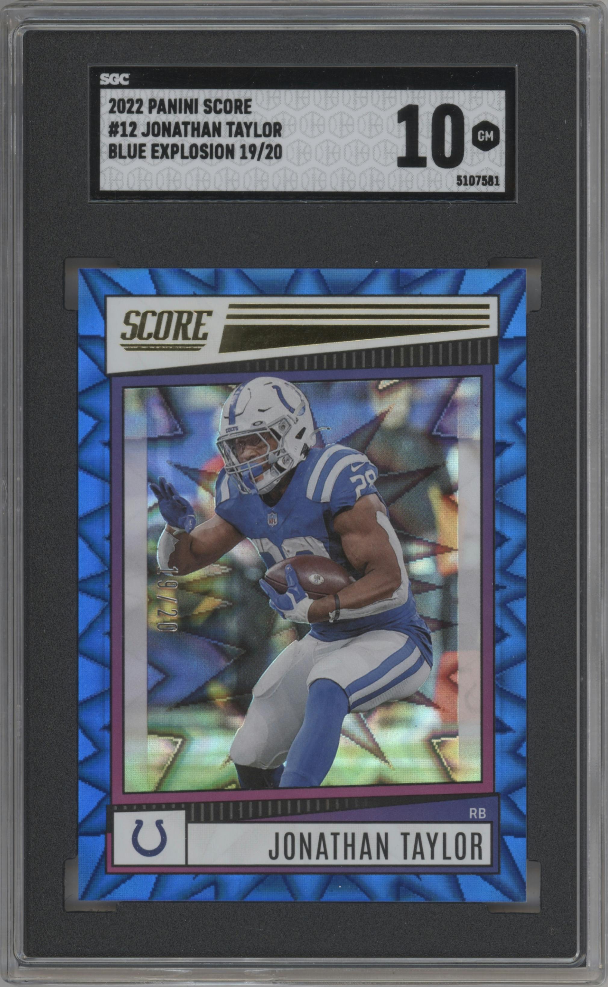 Jonathan Taylor from the 2022 Panini Score set featuring a Blue Explosion parallel graded by SGC and given an overall grade of 10.