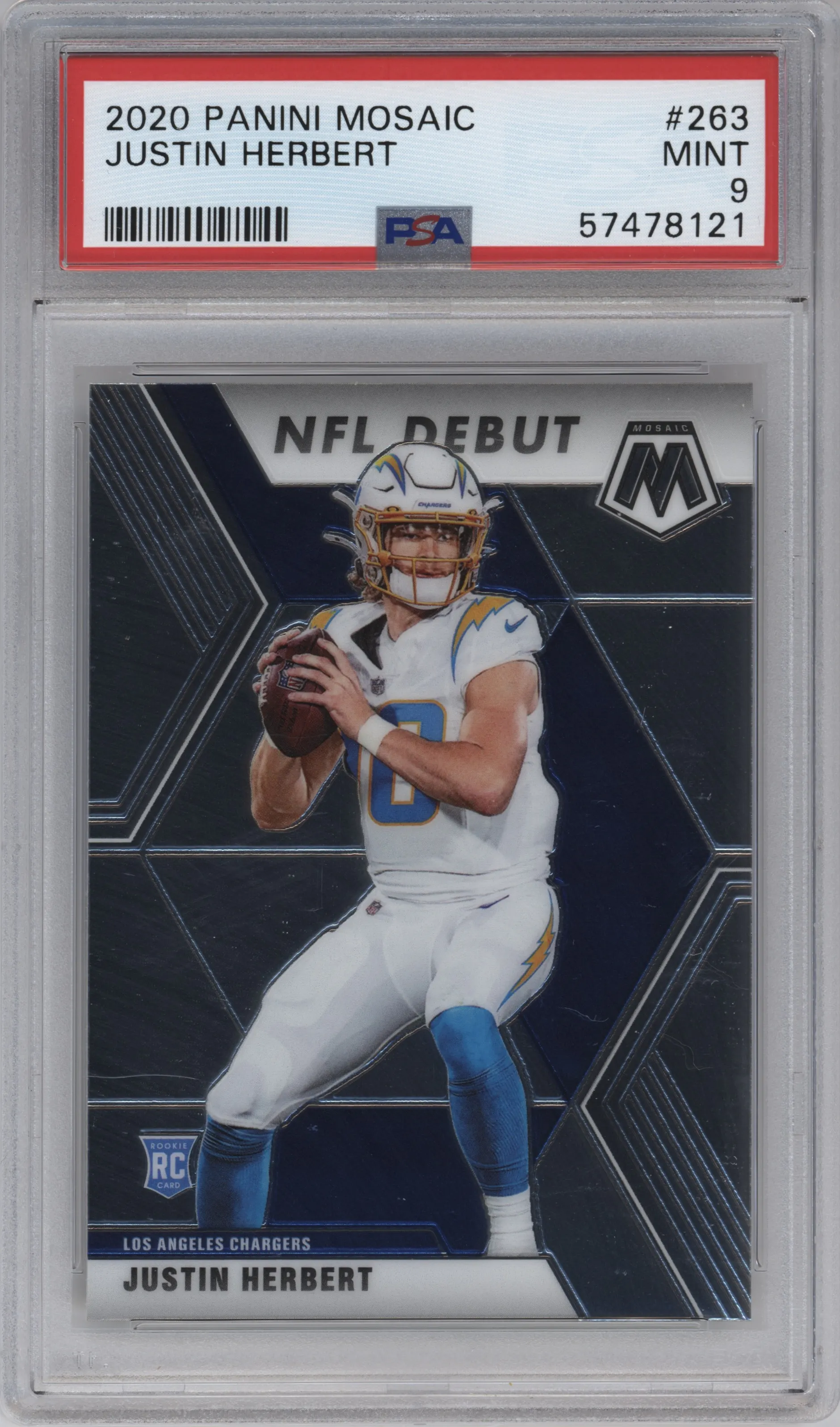 Justin Herbert from the 2020 Panini Mosaic set graded by PSA and given an overall grade of 9.