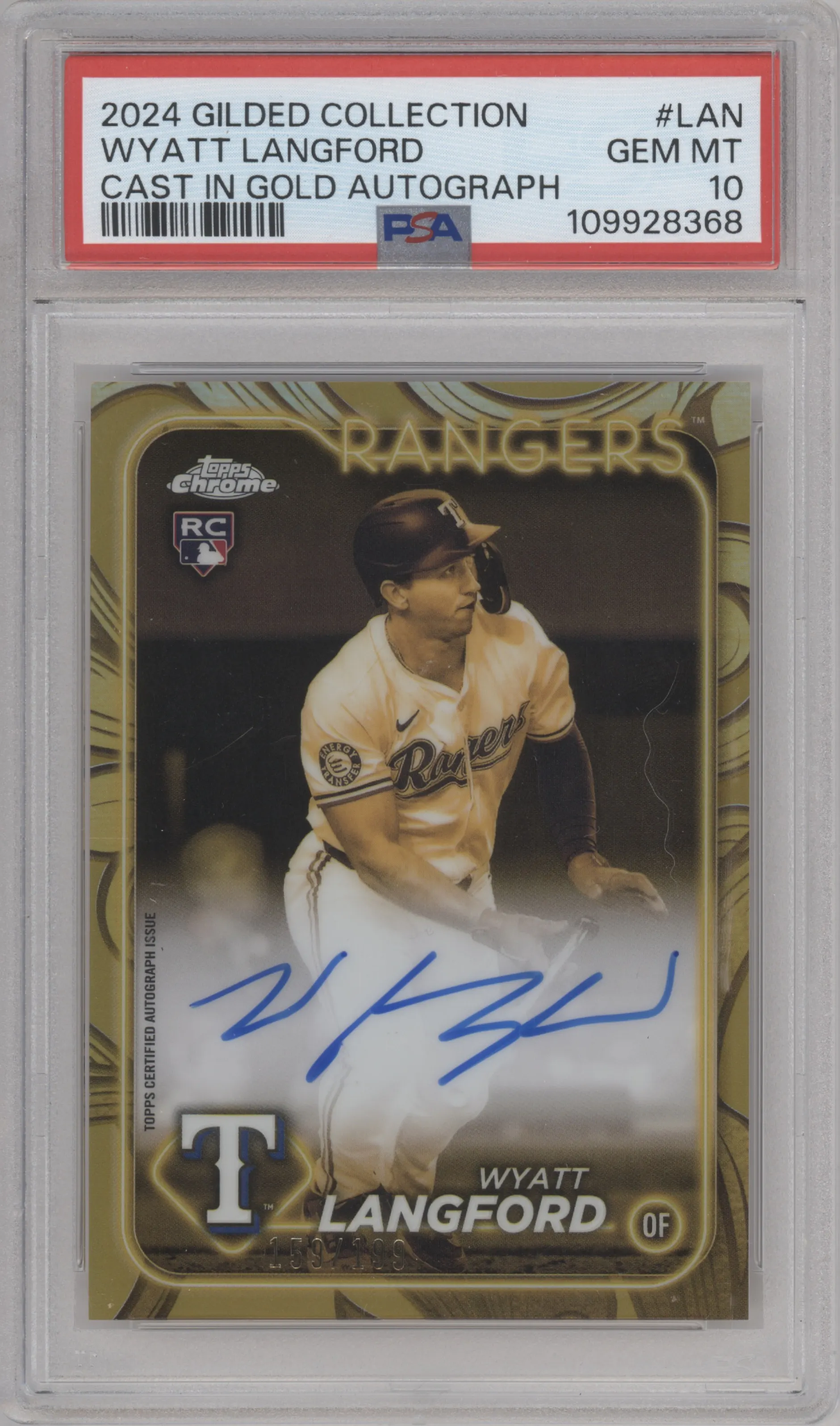 Wyatt Langford from the 2024 Topps Gilded Collection set graded by PSA and given an overall grade of 10.