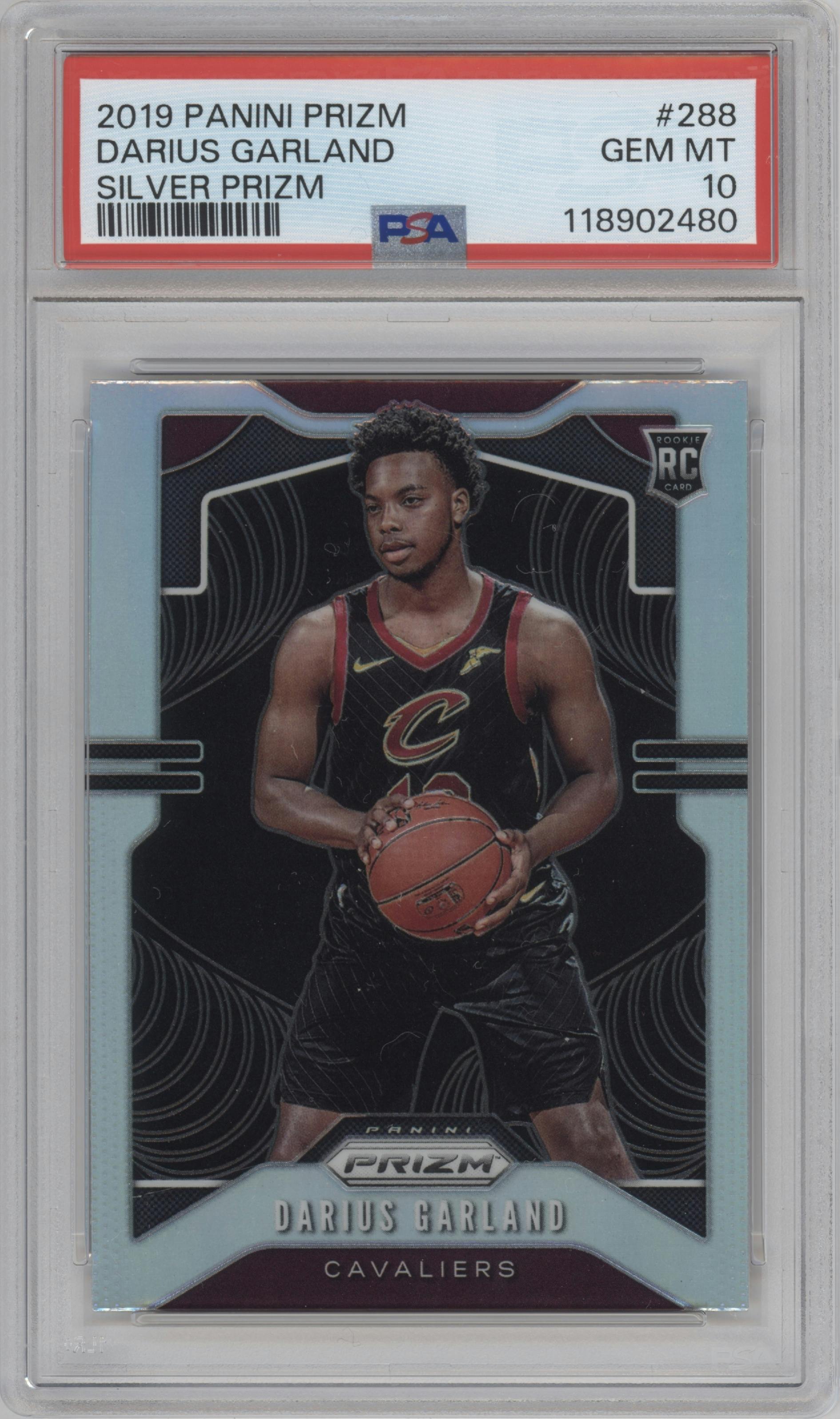 Darius Garland from the 2019-20 Panini Prizm set featuring a Silver Prizm parallel graded by PSA and given an overall grade of 10.