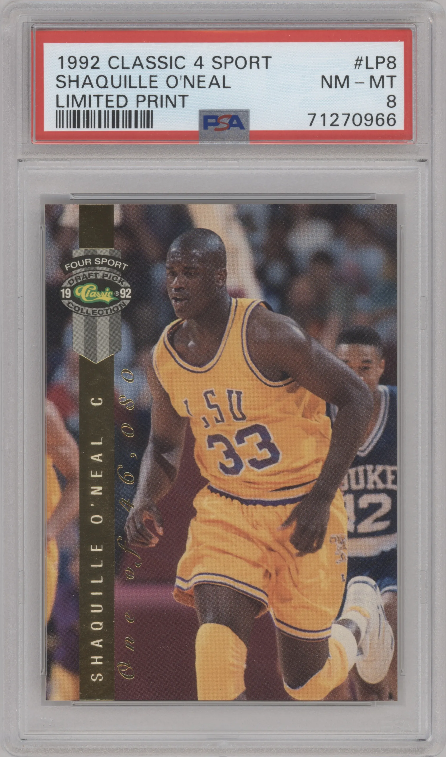 Shaquille O'Neal from the 1992 Classic Four Sport set graded by PSA and given an overall grade of 8.