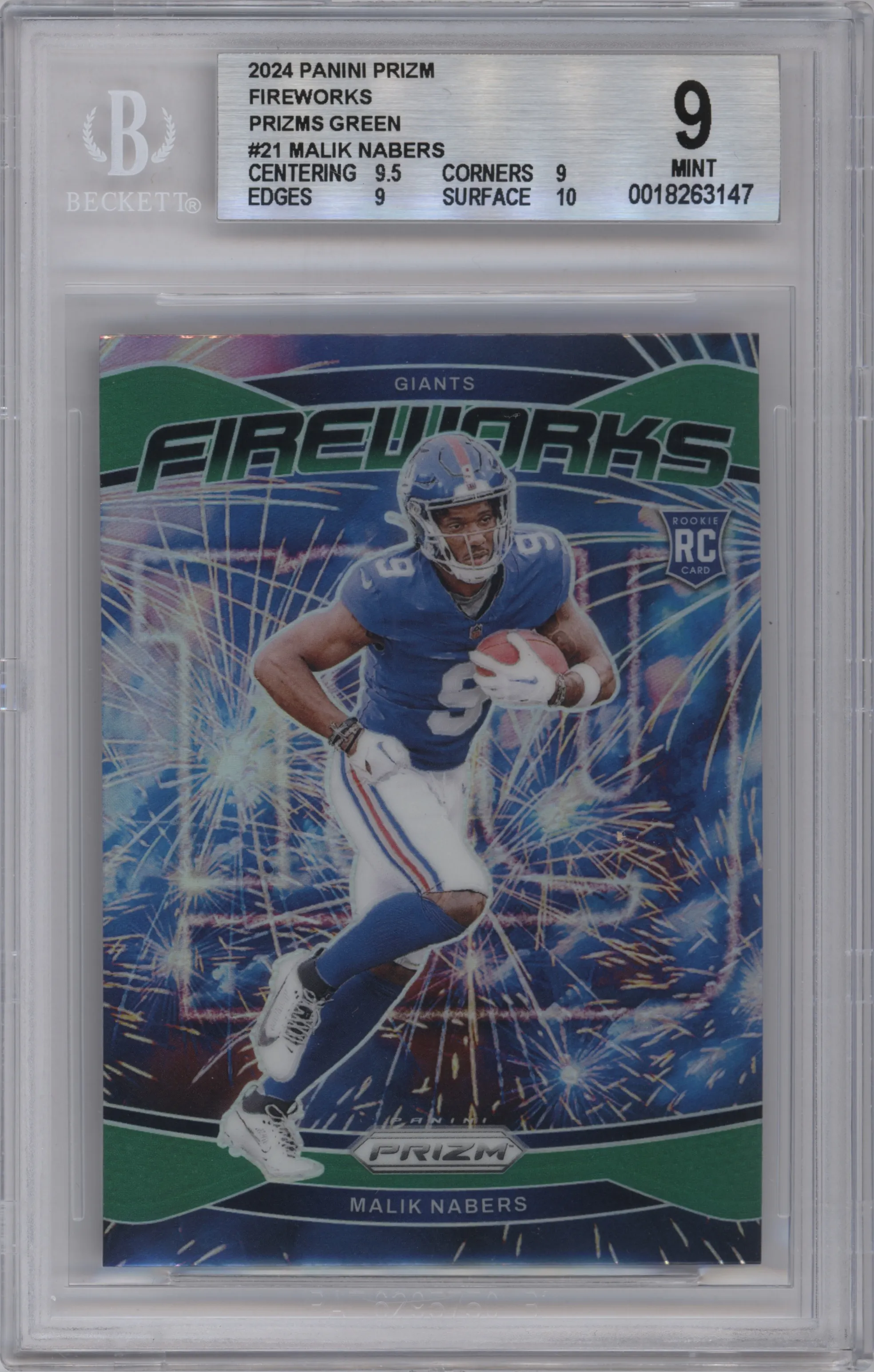 Malik Nabers from the 2024 Panini Prizm set featuring a Green Prizm parallel graded by Beckett and given an overall grade of 9.
