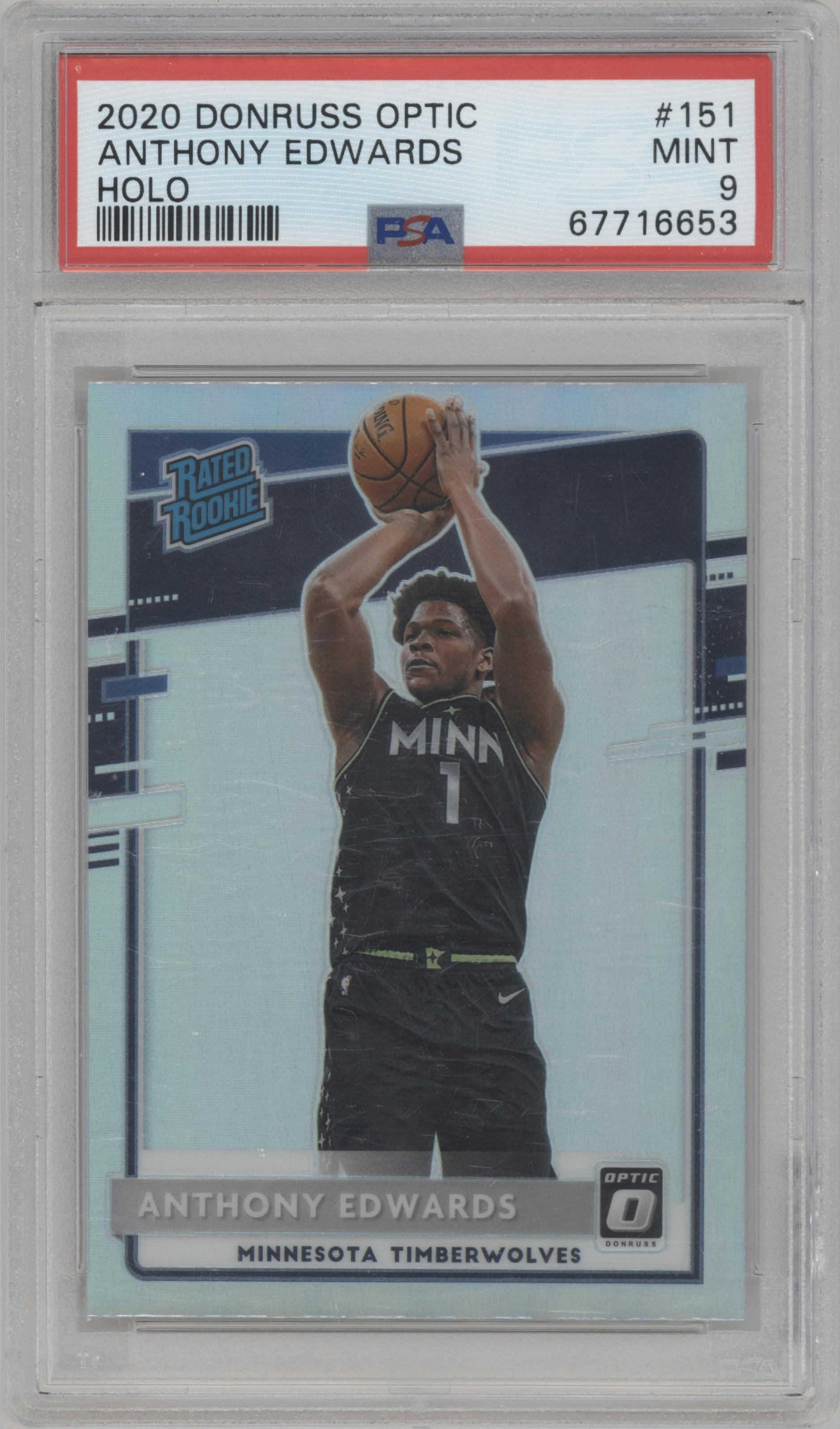 Anthony Edwards from the 2020-21 Panini Donruss Optic set featuring a Holo parallel graded by PSA and given an overall grade of 9.