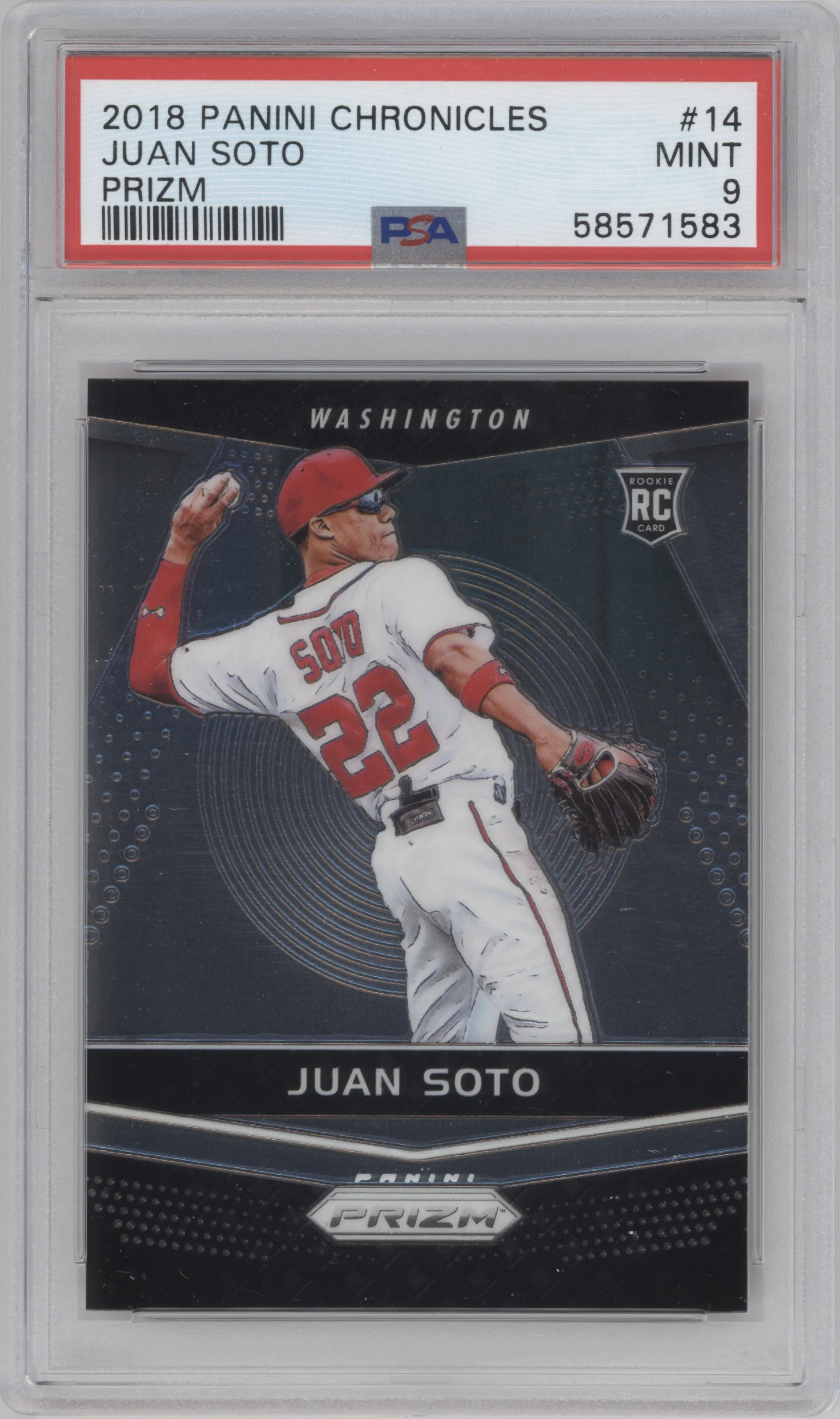 Juan Soto from the 2018 Panini Chronicles set graded by PSA and given an overall grade of 9.