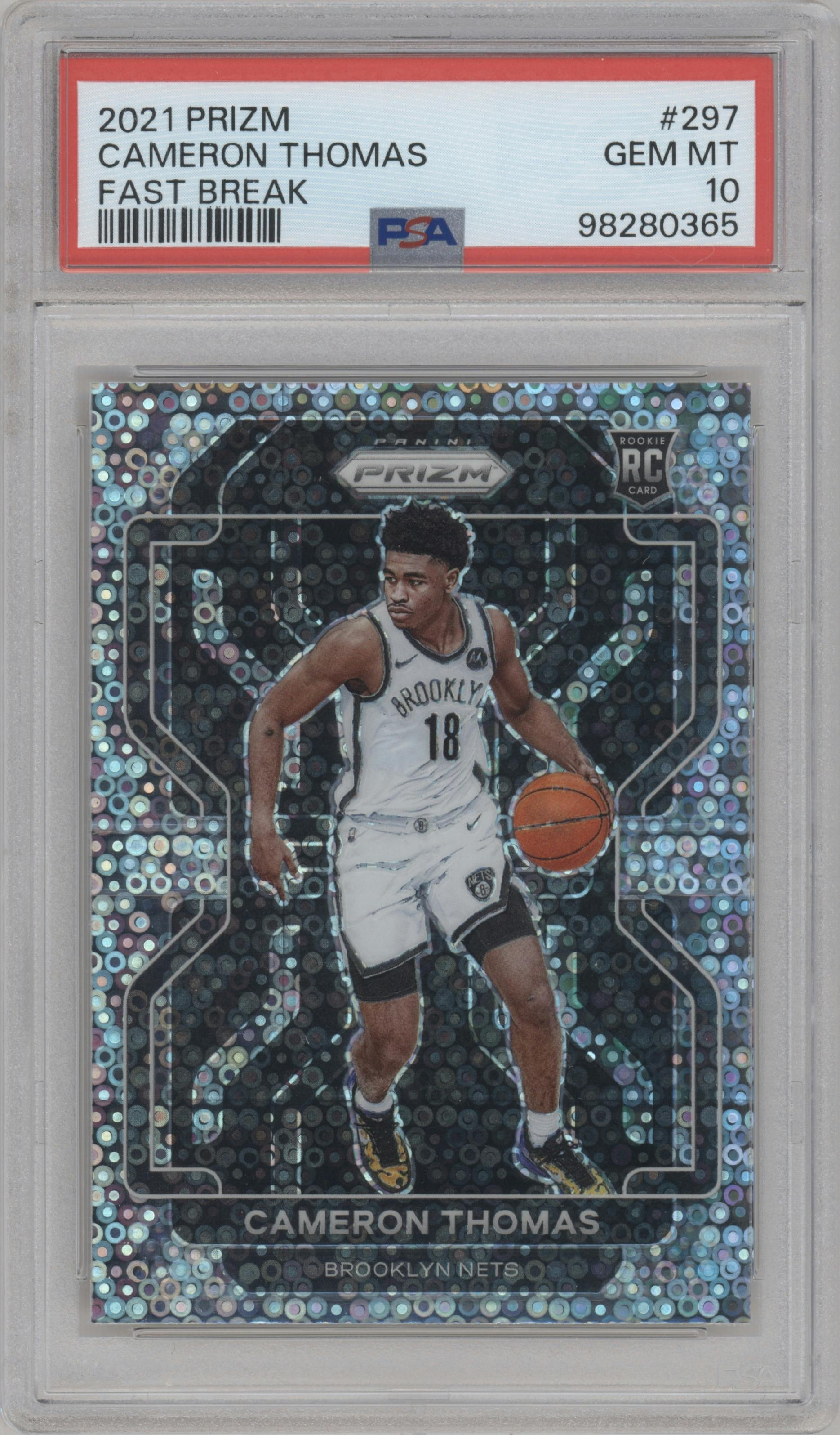 Cameron Thomas from the 2021-22 Panini Prizm  set featuring a Fast Break parallel graded by PSA and given an overall grade of 10.