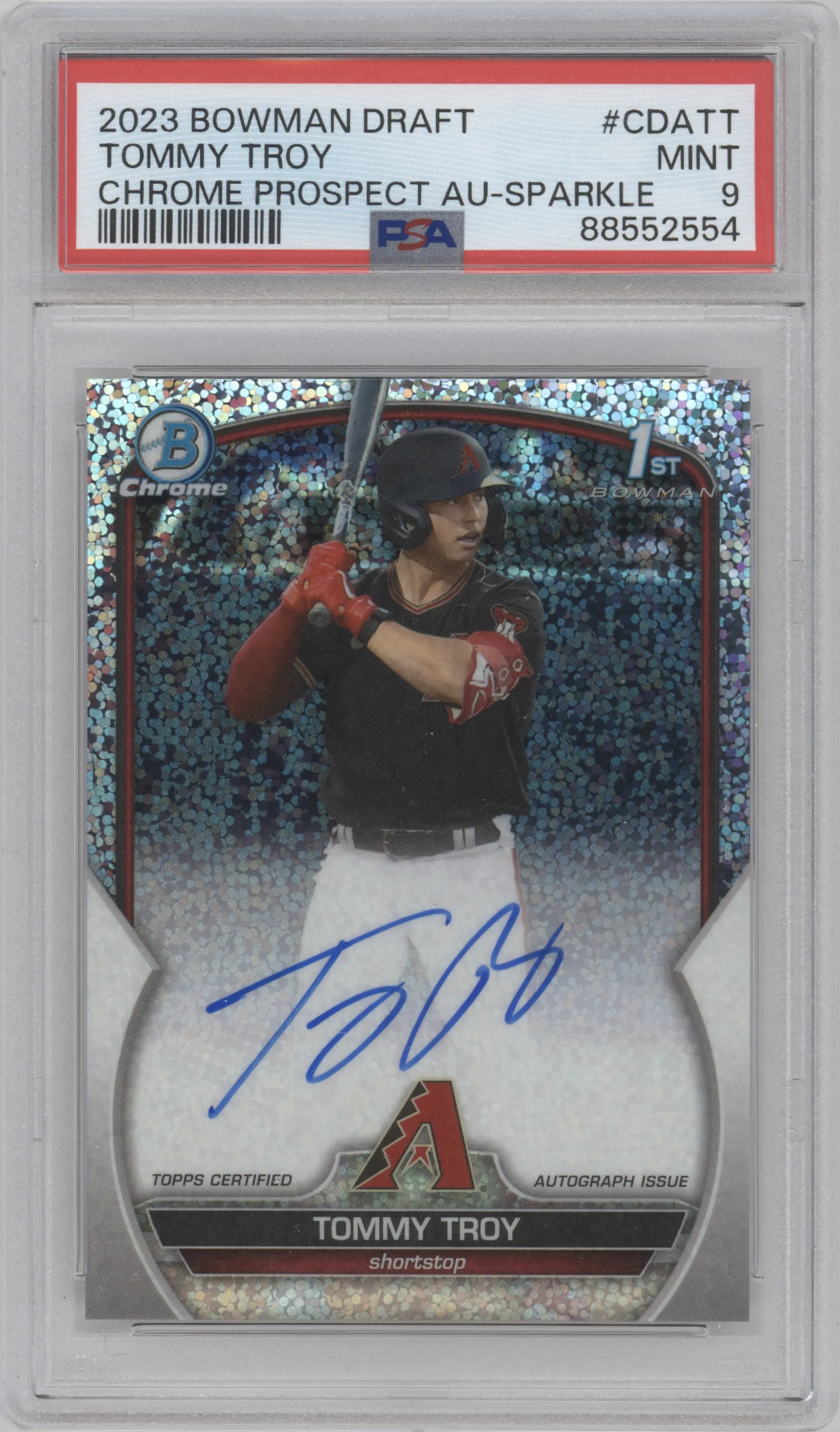 Tommy Troy from the 2023 Bowman Draft set featuring a Sparkle Refractor parallel graded by PSA and given an overall grade of 9.
