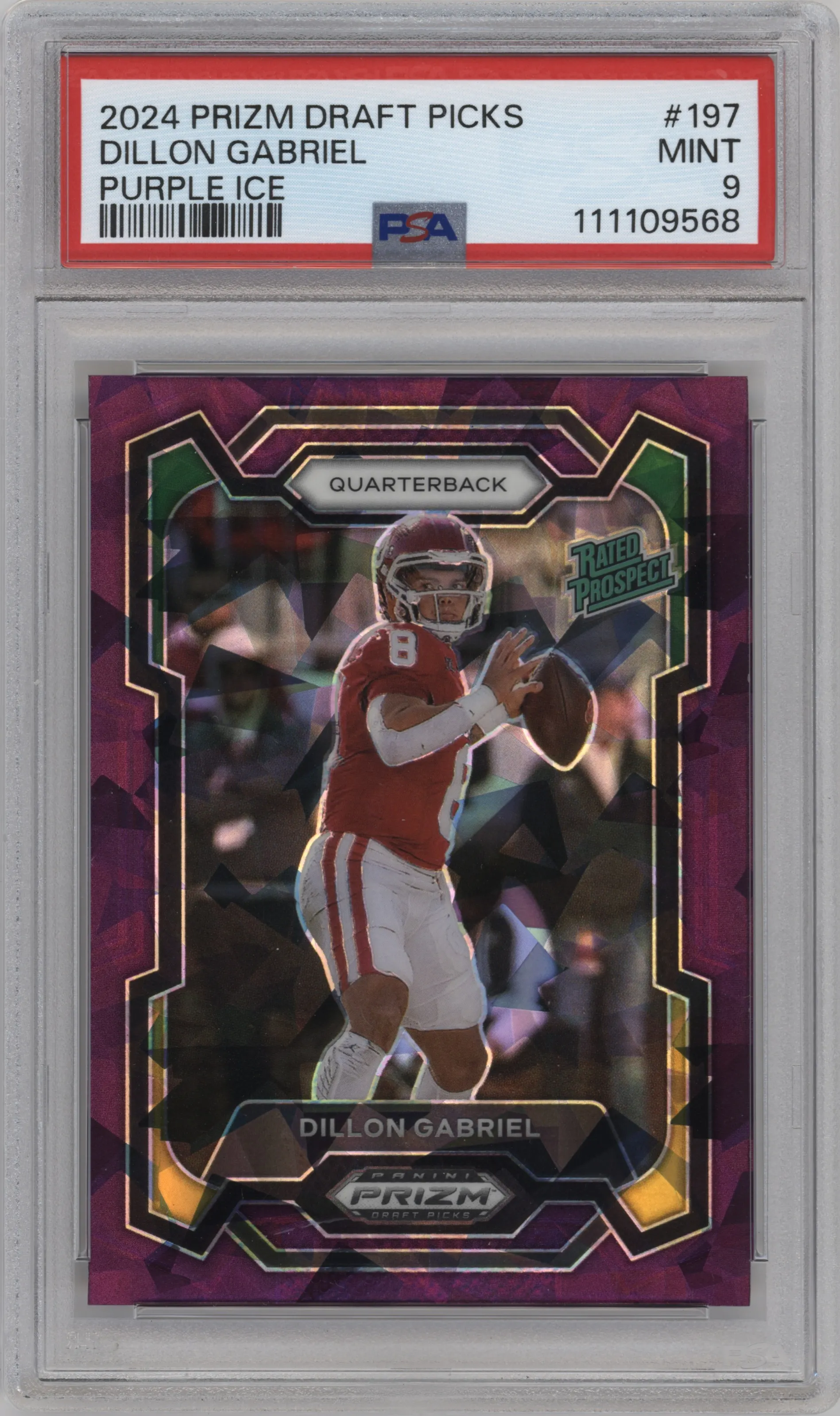 2024 Panini Prizm Draft Picks Rated Pros. Dillon Gabriel Purple Ice #197 PSA 9