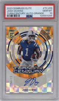Josh Downs from the 2023 Panini Donruss Elite set featuring a Orange parallel graded by PSA and given an overall grade of 10.