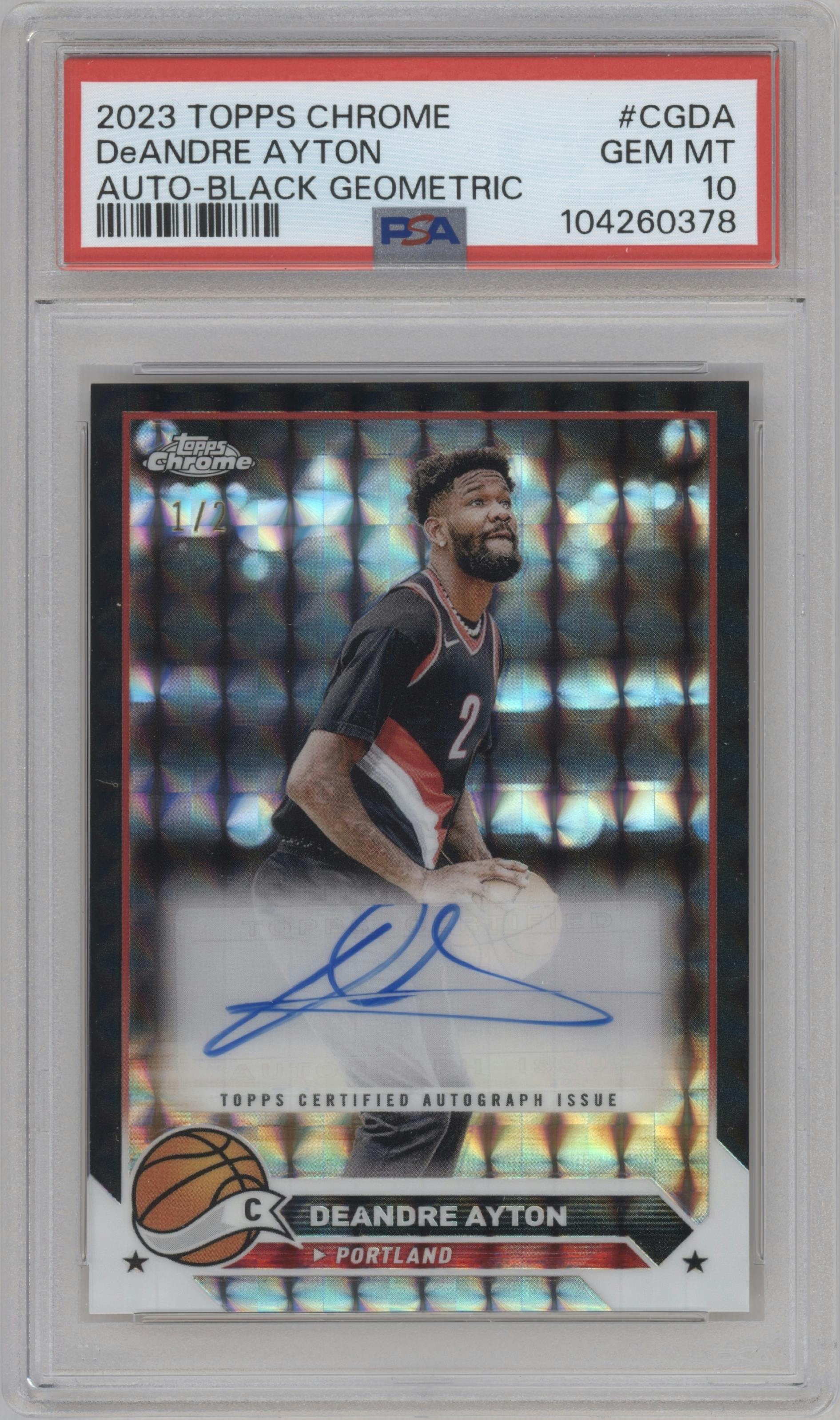 Deandre Ayton from the 2023-24 Topps Chrome set featuring a Black Geometric Refractor parallel graded by PSA and given an overall grade of 10.