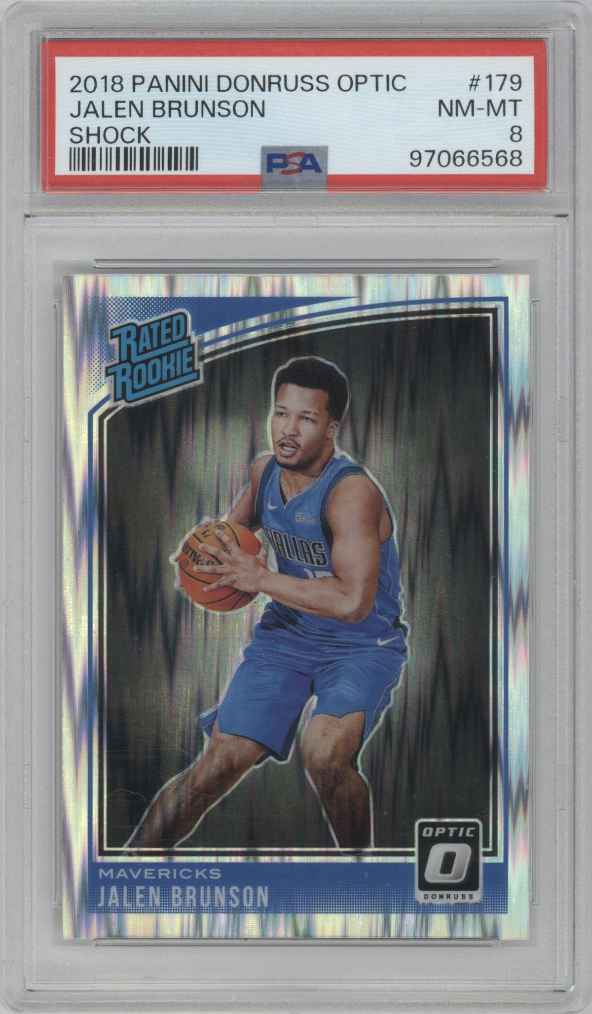 Jalen Brunson from the 2018-19 Panini Donruss Optic set featuring a Shock parallel graded by PSA and given an overall grade of 8.