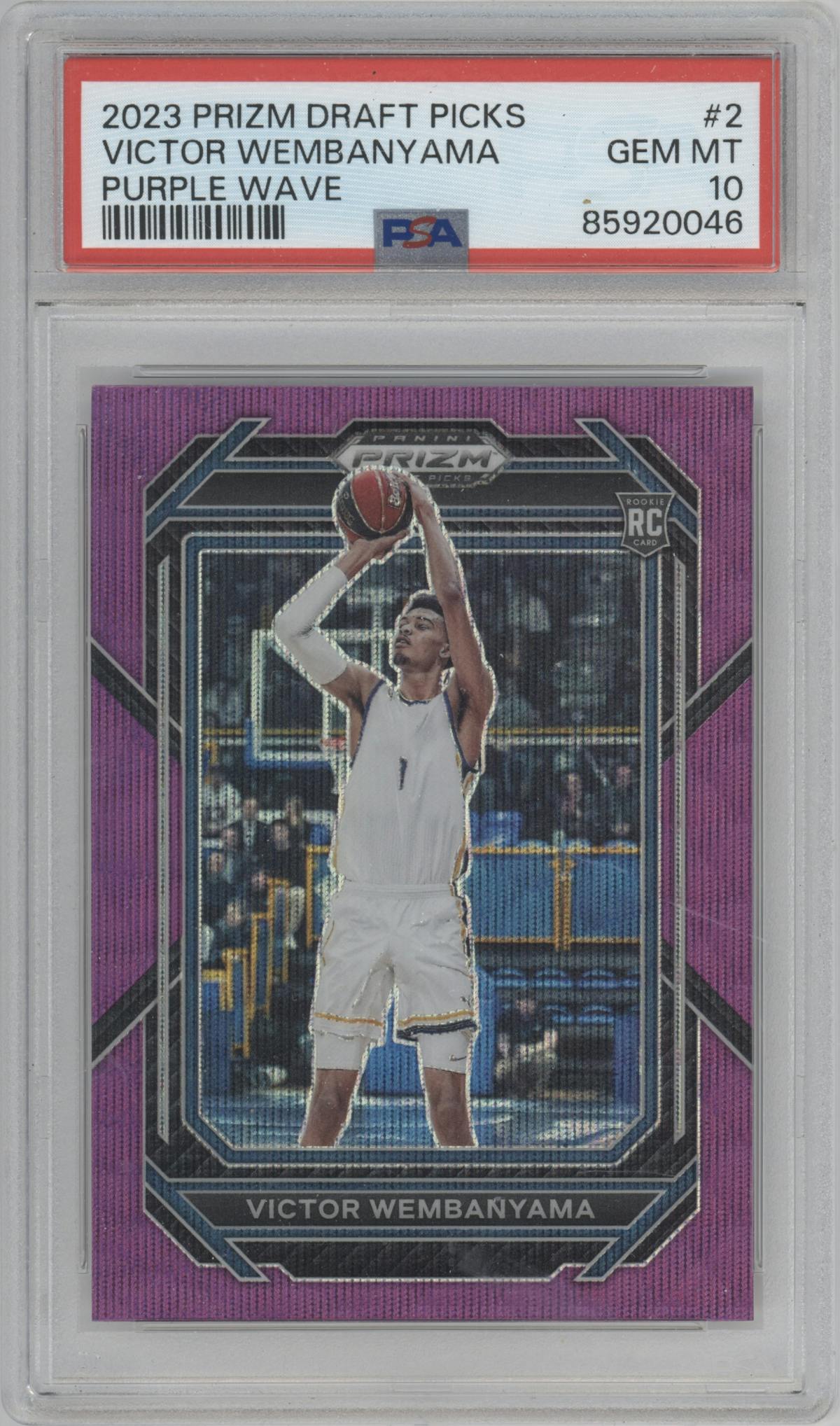 Victor Wembanyama from the 2023-24 Panini Prizm Draft Picks set featuring a Purple Wave parallel graded by PSA and given an overall grade of 10.