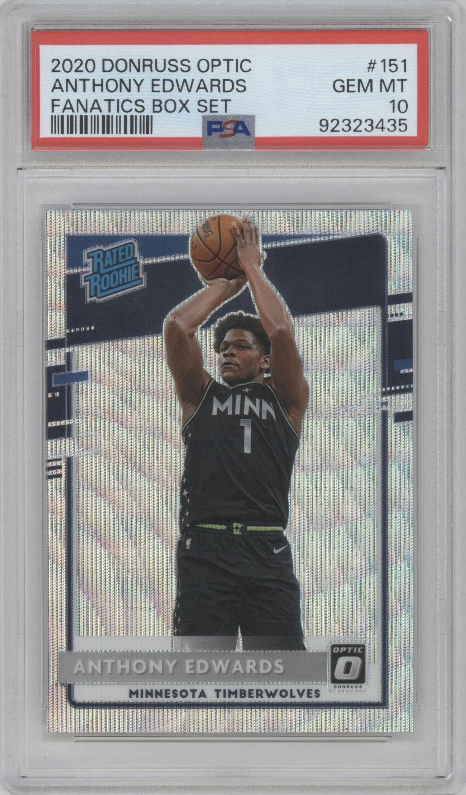 Anthony Edwards from the 2020-21 Panini Donruss Optic set featuring a Fanatics Box Set parallel graded by PSA and given an overall grade of 10.