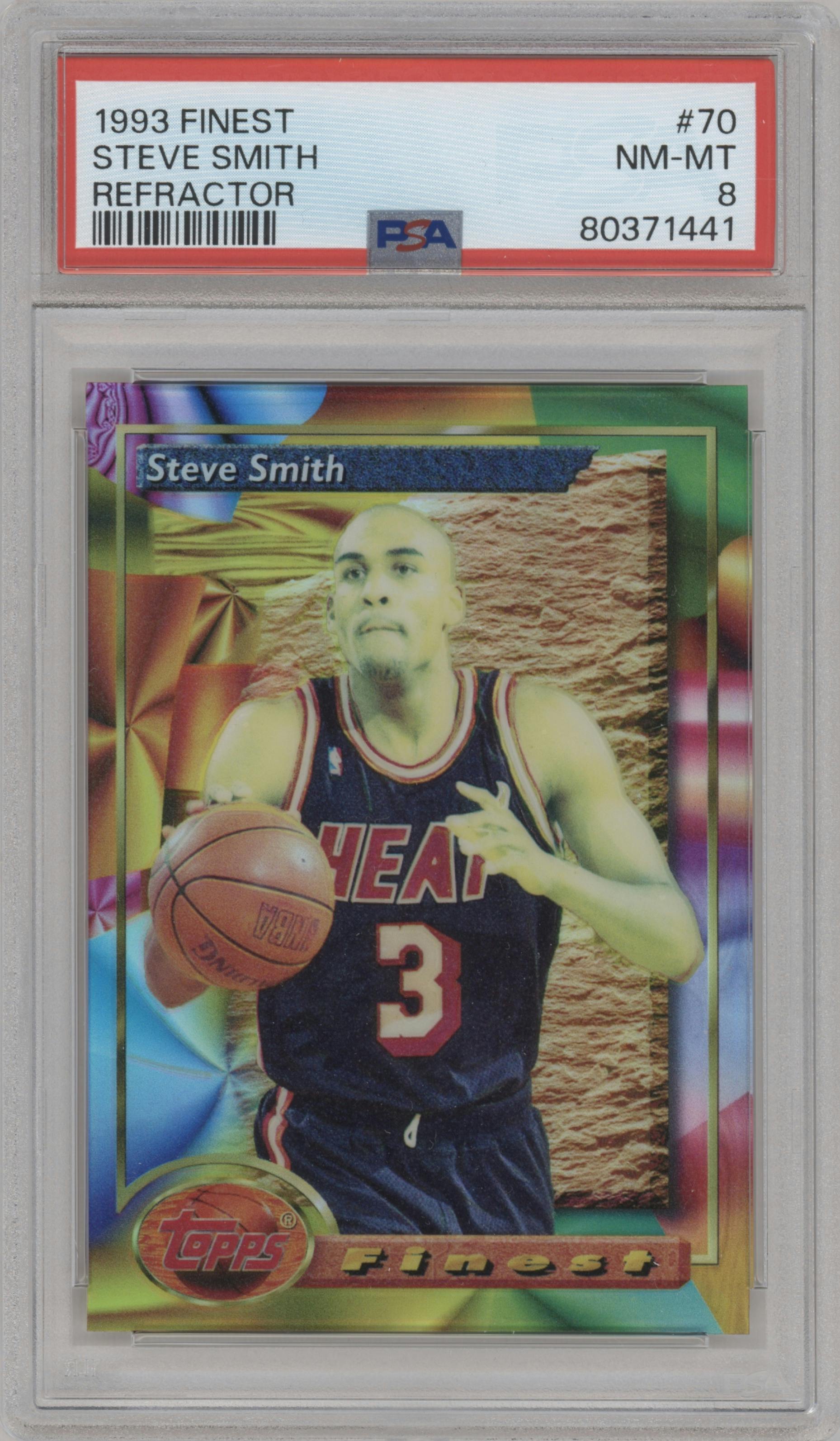 Steve Smith from the 1993-94 Topps Finest  set featuring a Refractor parallel graded by PSA and given an overall grade of 8.