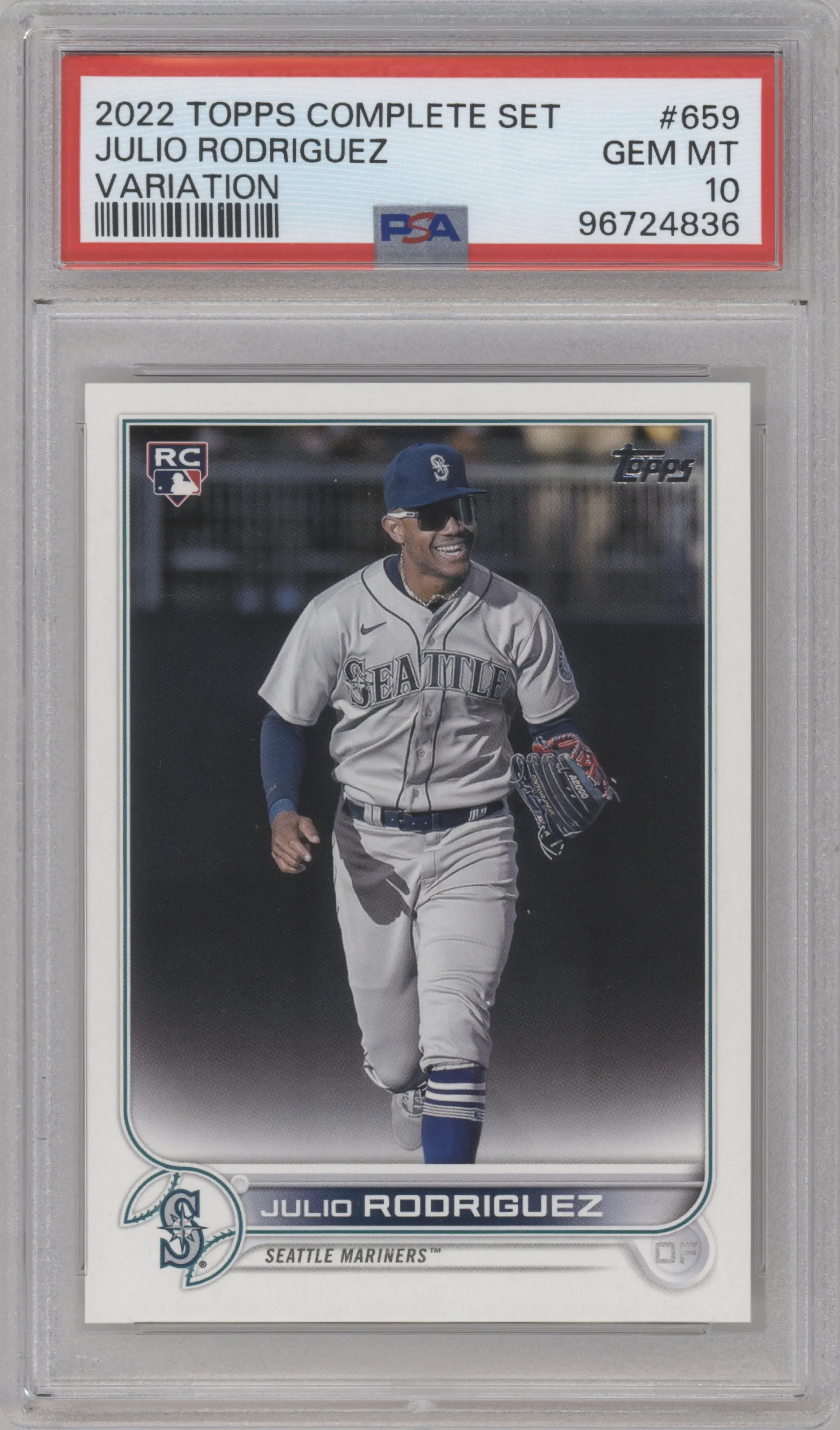 Julio Rodriguez from the 2022 Topps Complete Factory Set set graded by PSA and given an overall grade of 10.