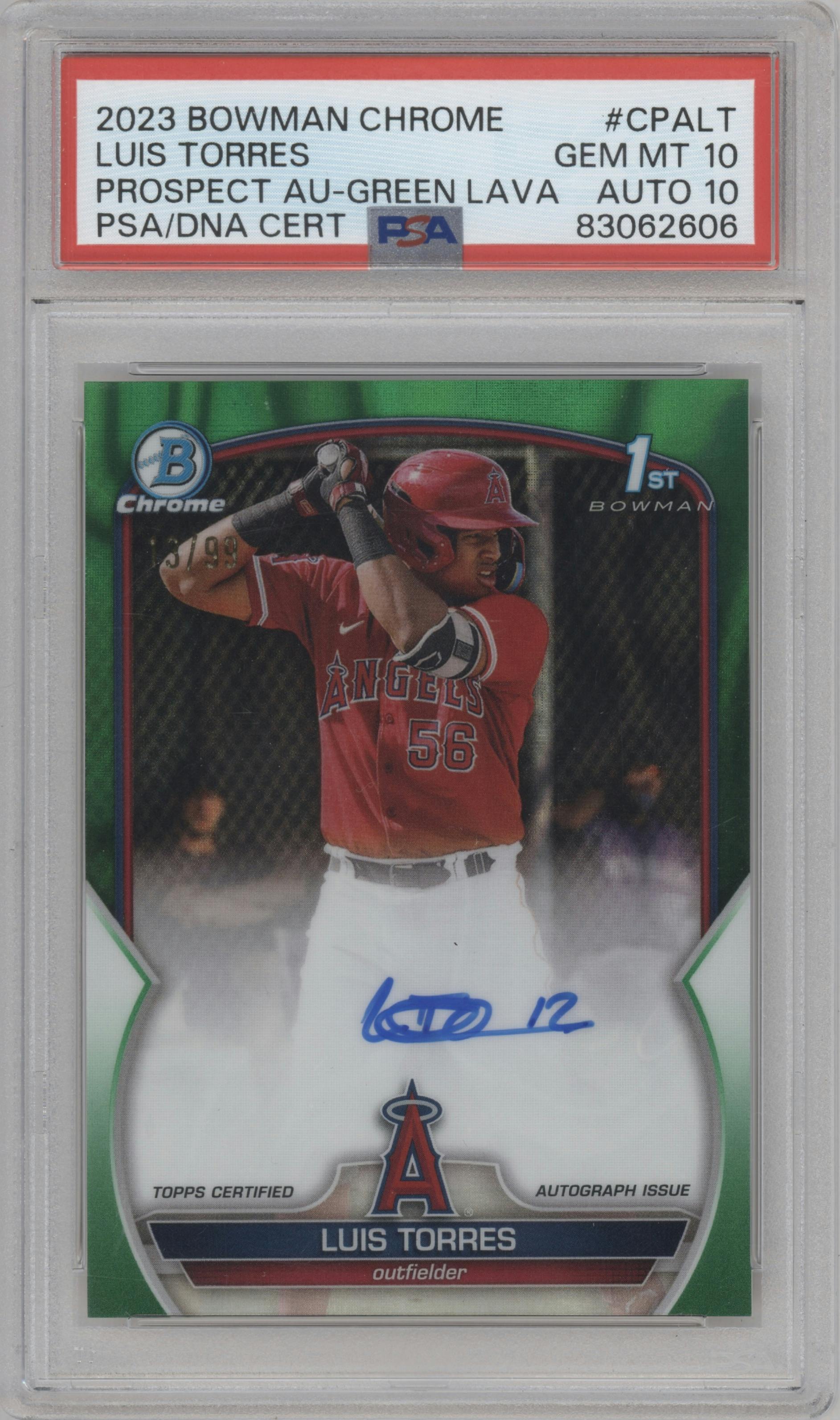 Luis Torres from the 2023 Bowman Chrome set featuring a Green Lava Refractor parallel graded by PSA and given an overall grade of 10.