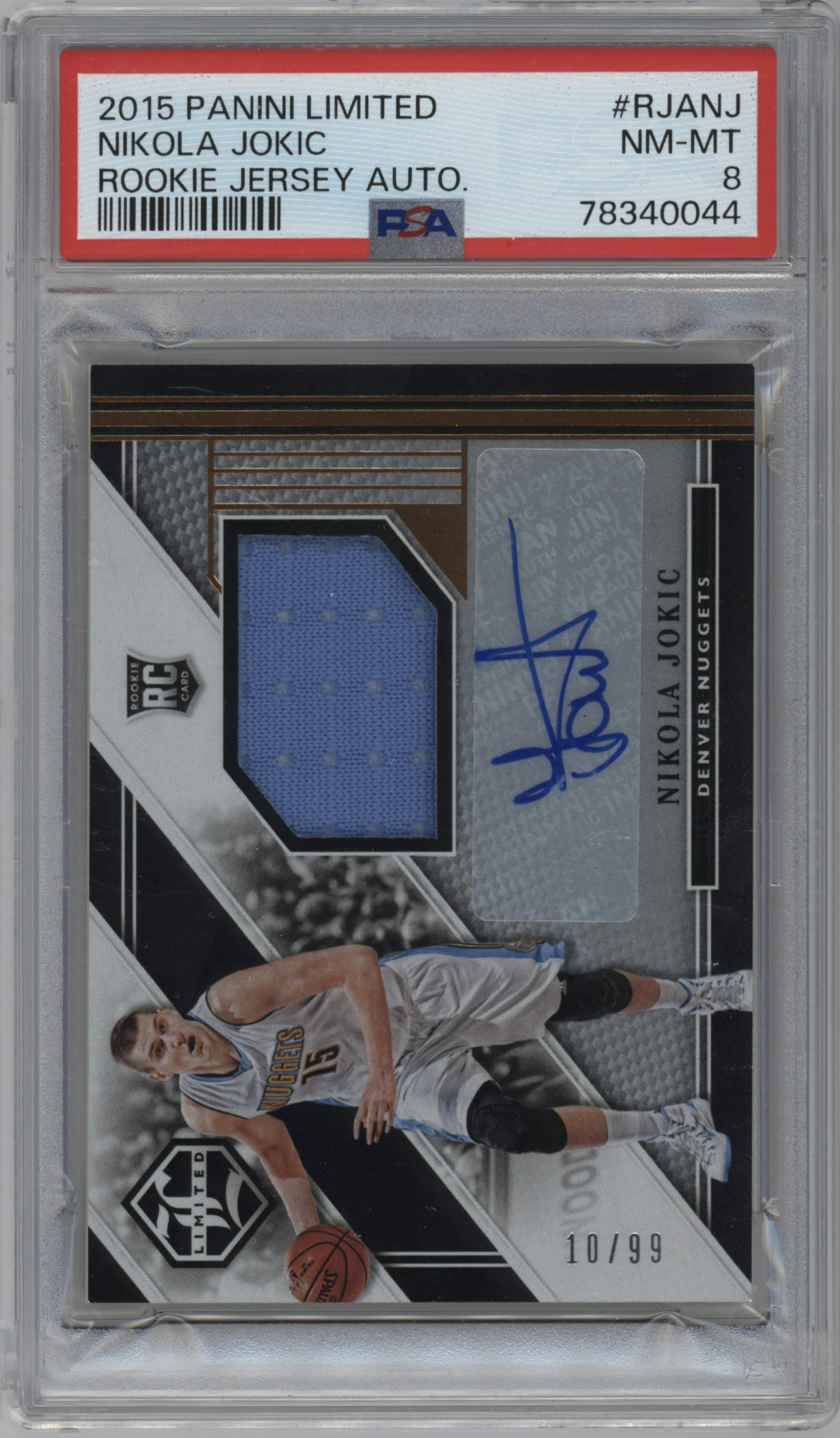 Nikola Jokic from the 2015-16 Panini Limited Basketball set graded by PSA and given an overall grade of 8.