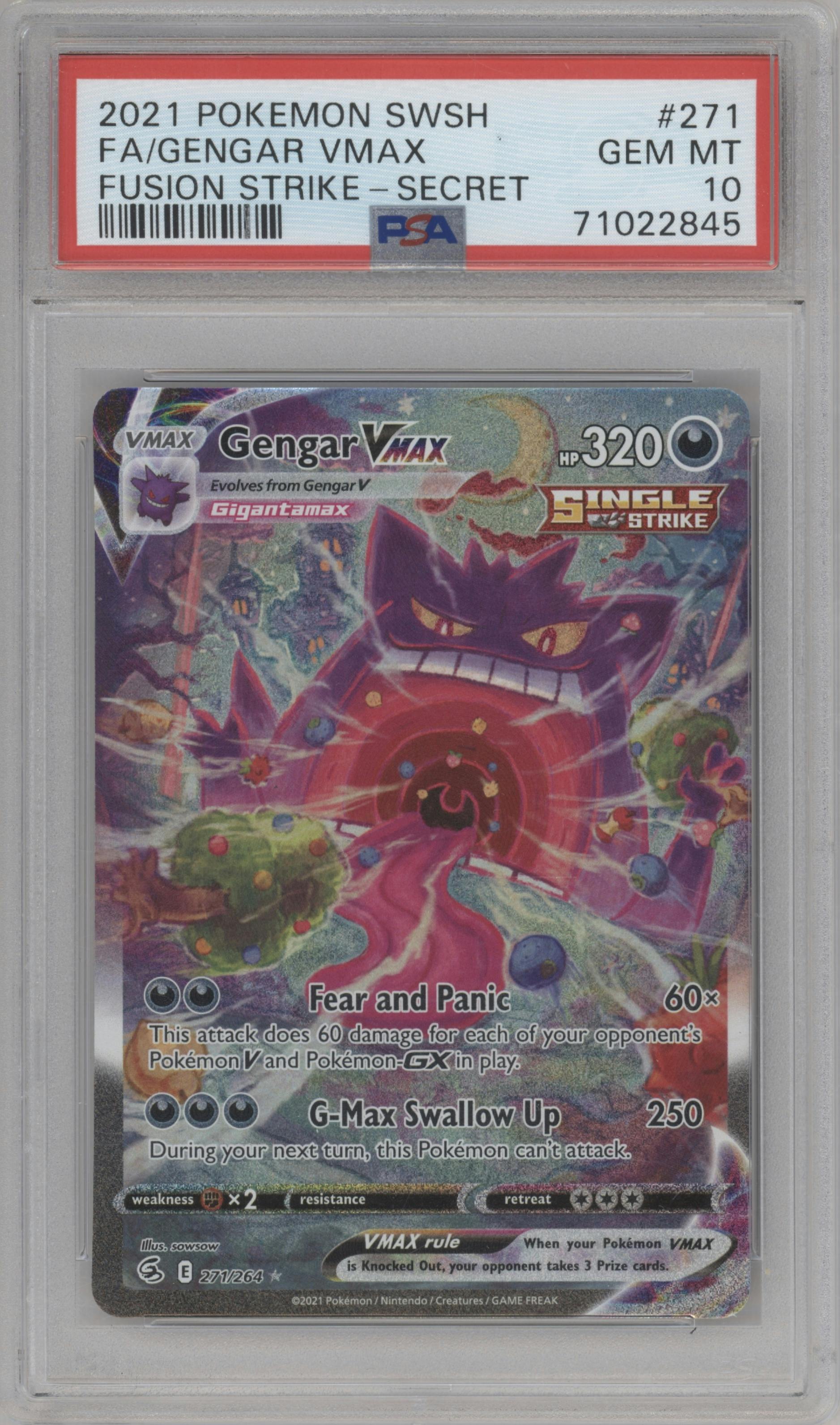 Gengar VMAX from the 2021 Pokemon SWSH set graded by PSA and given an overall grade of 10.