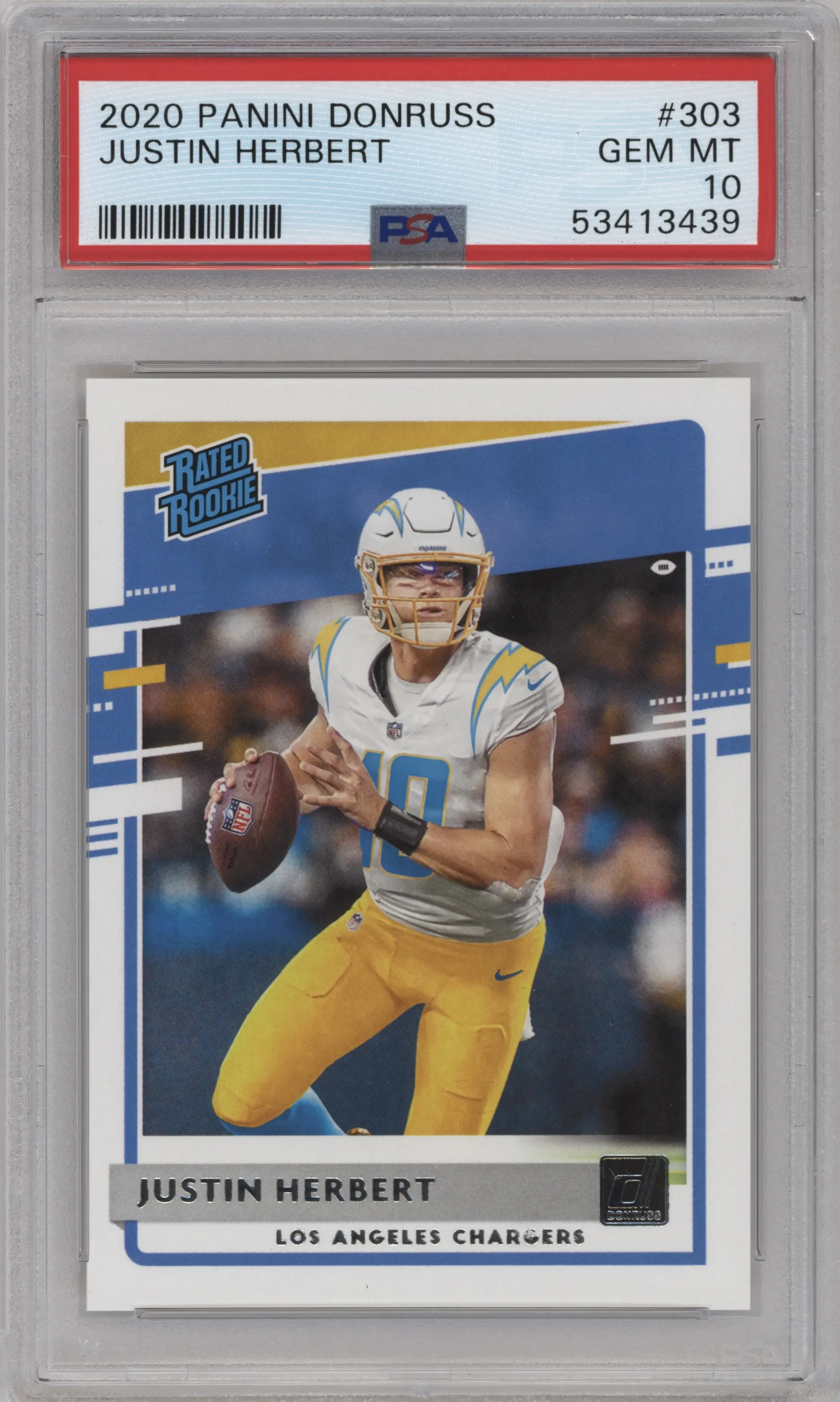 Justin Herbert from the 2020 Panini Donruss set graded by PSA and given an overall grade of 10.