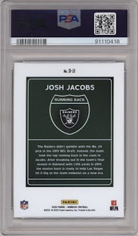 Josh Jacobs from the 2020 Panini Donruss set graded by PSA and given an overall grade of 10.