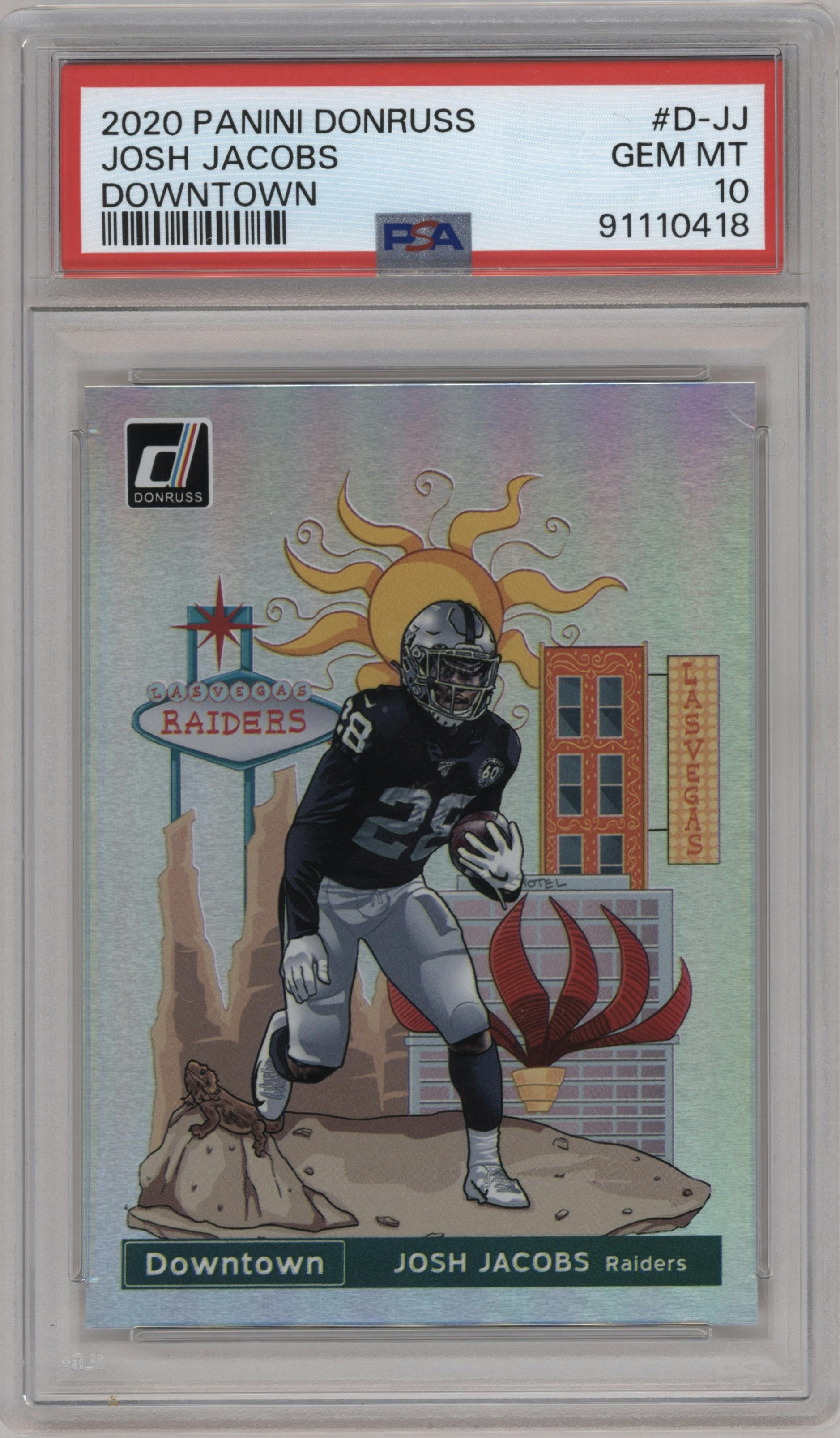 Josh Jacobs from the 2020 Panini Donruss set graded by PSA and given an overall grade of 10.