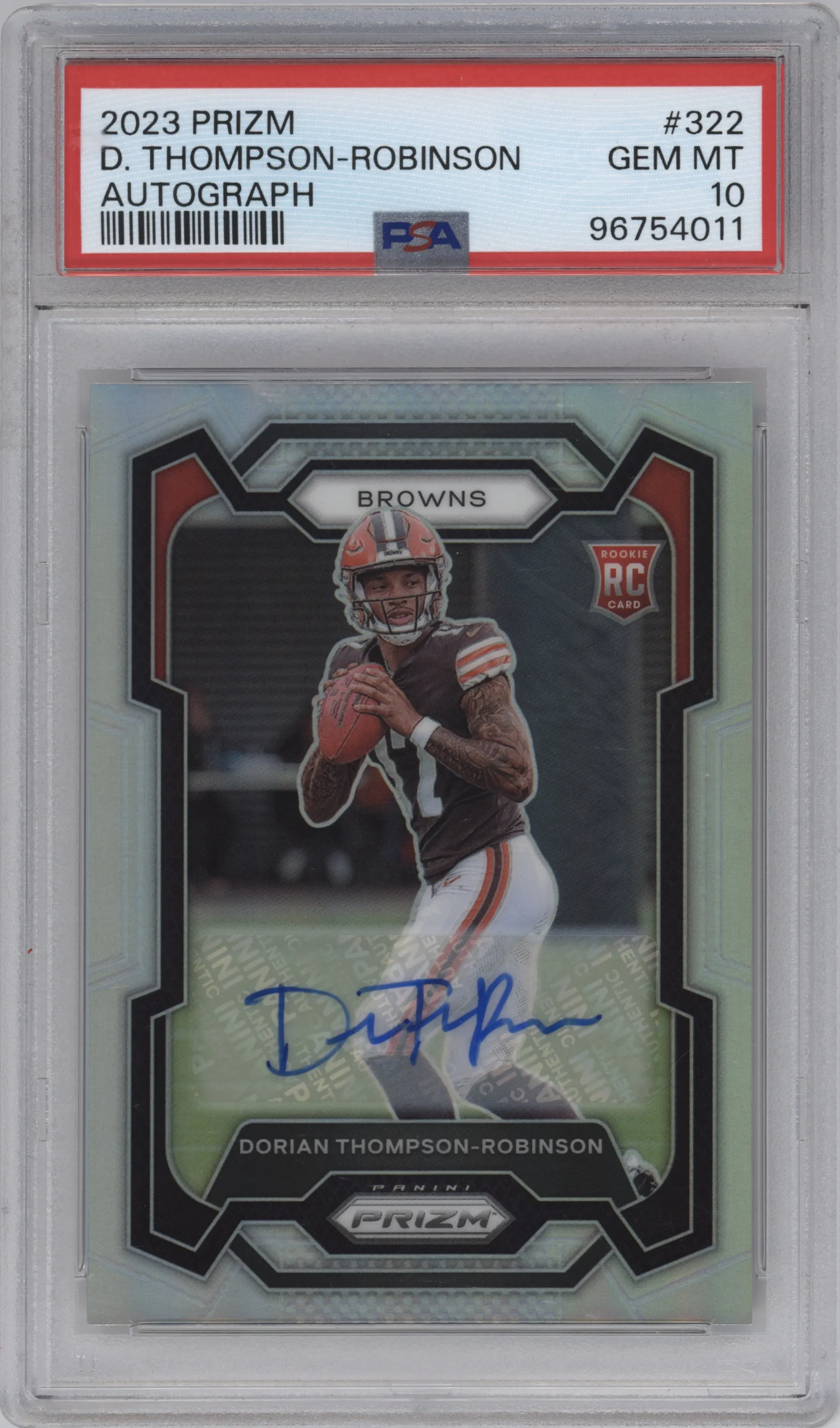 Dorian Thompson-Robinson from the 2023 Panini Prizm set graded by PSA and given an overall grade of 10.