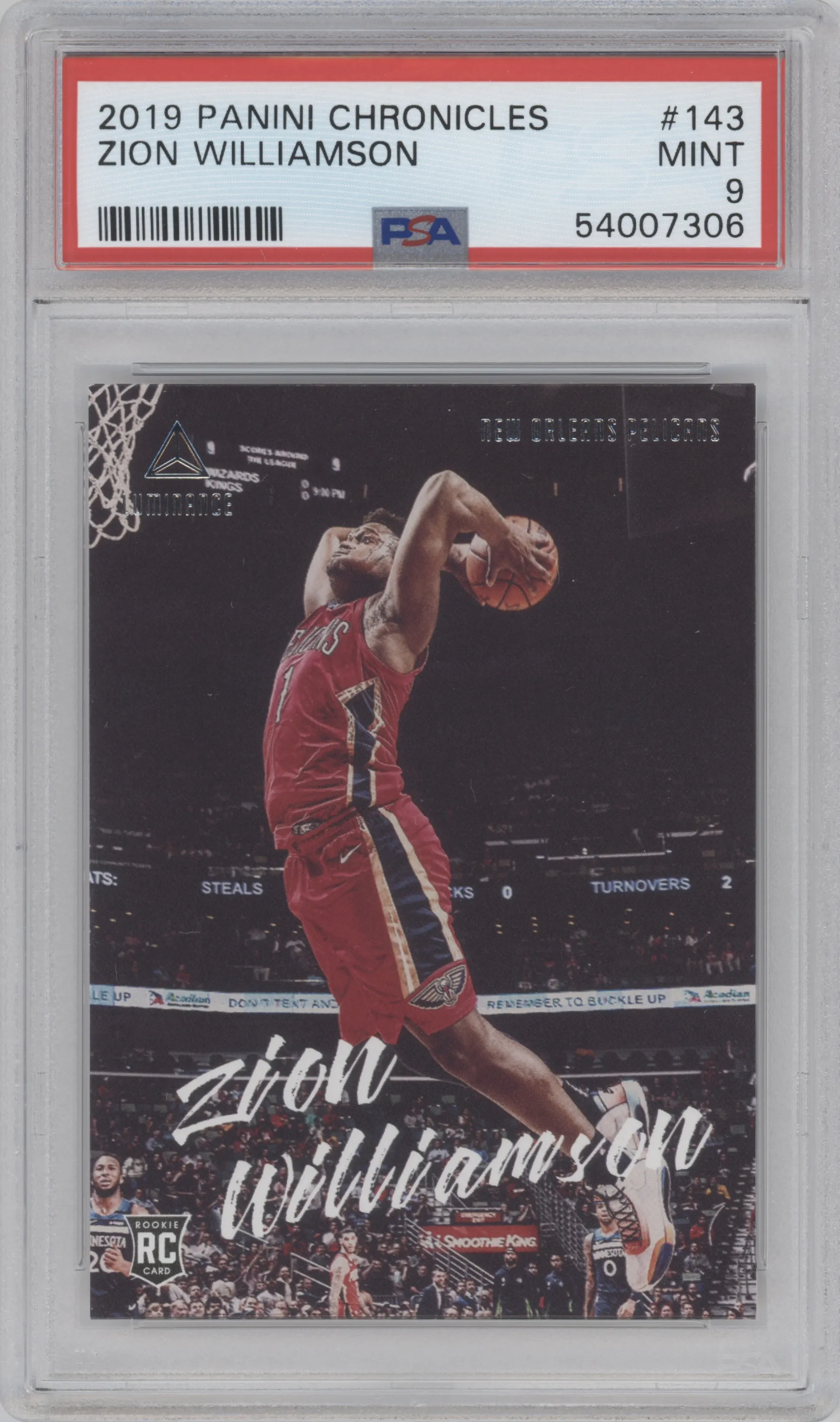 Zion Williamson from the 2019-20 Panini Chronicles  set graded by PSA and given an overall grade of 9.