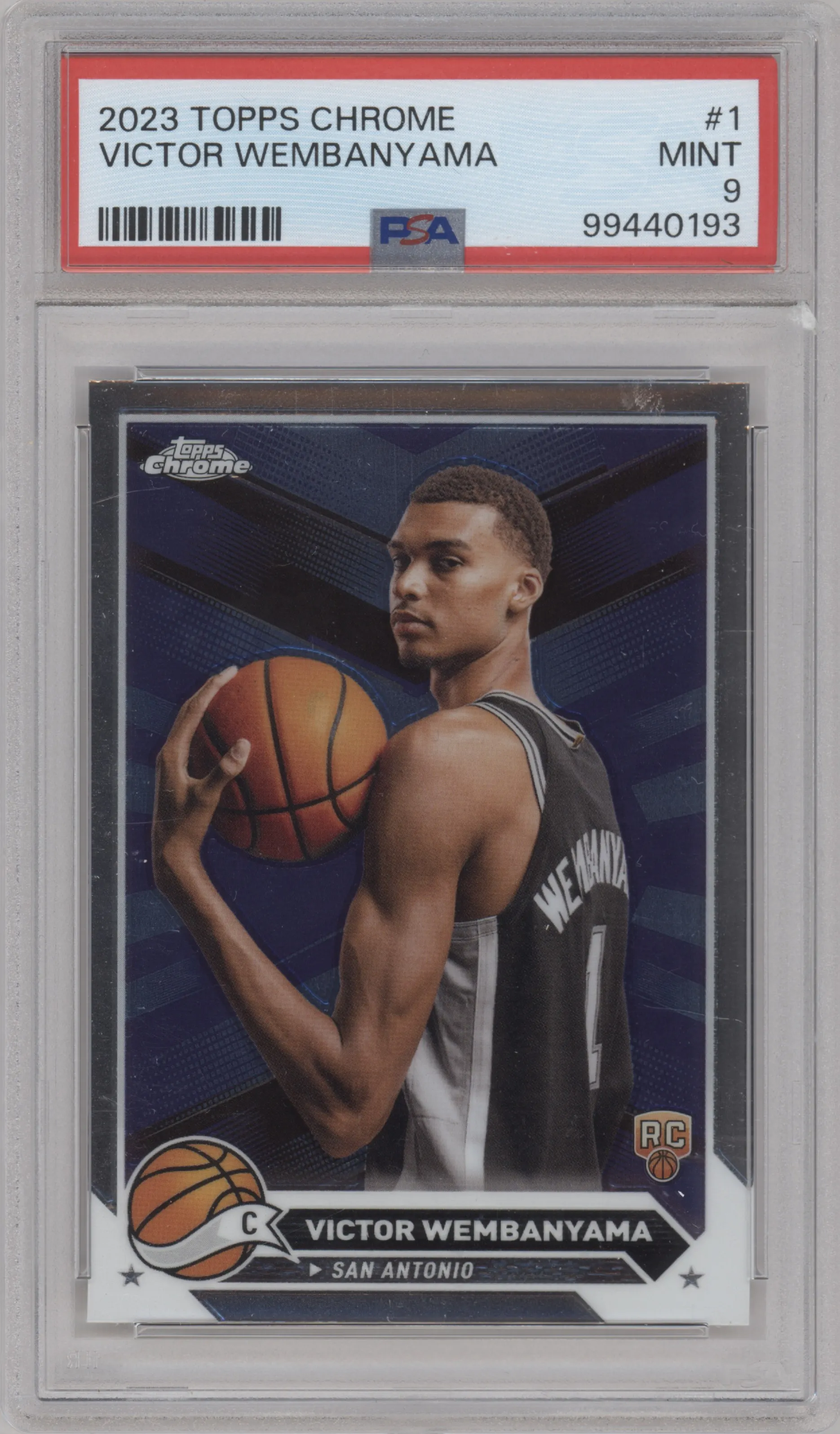 Victor Wembanyama from the 2023-24 Topps Chrome set graded by PSA and given an overall grade of 9.