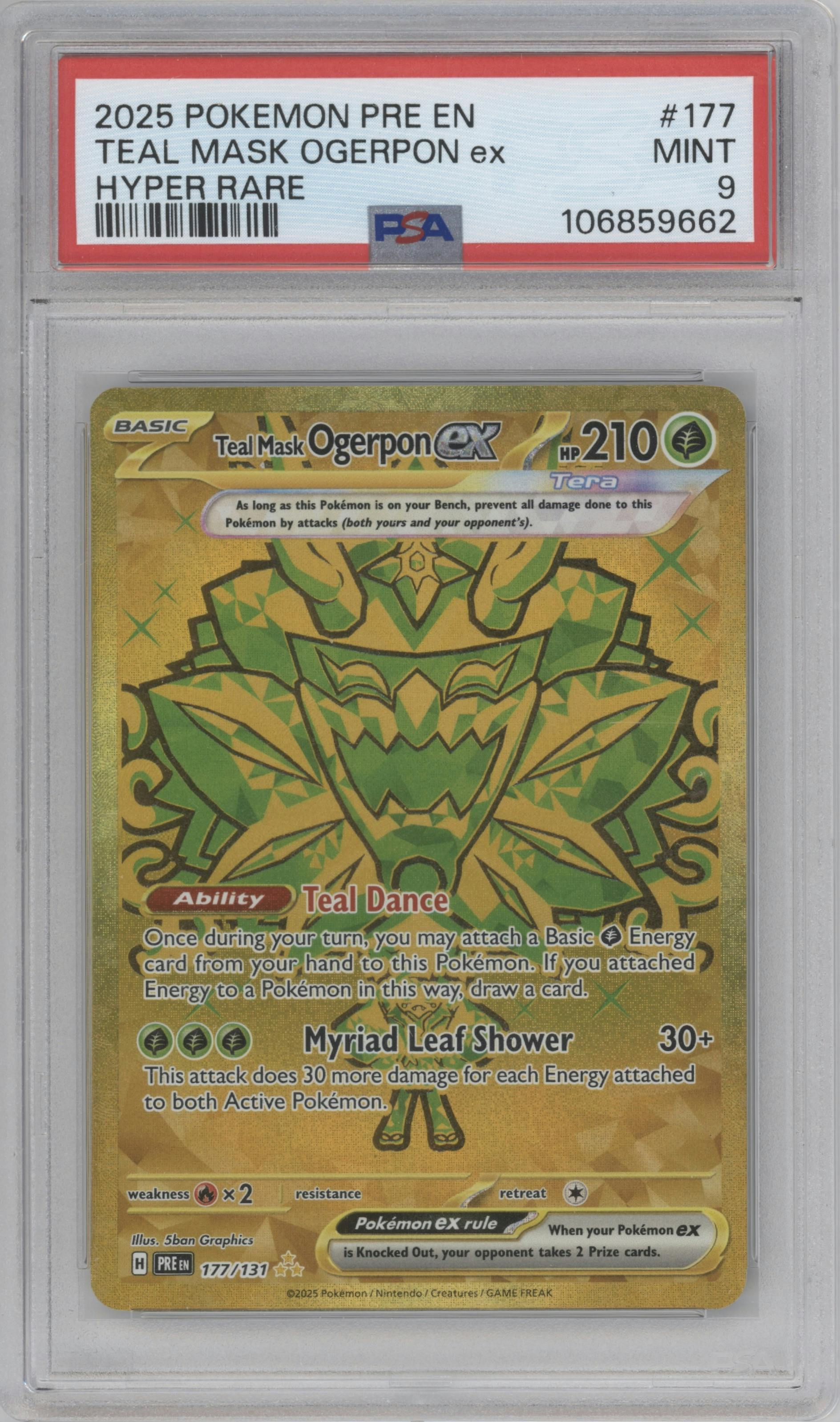 Teal Mask Ogerpon ex from the 2025 Pokemon SV set graded by PSA and given an overall grade of 9.