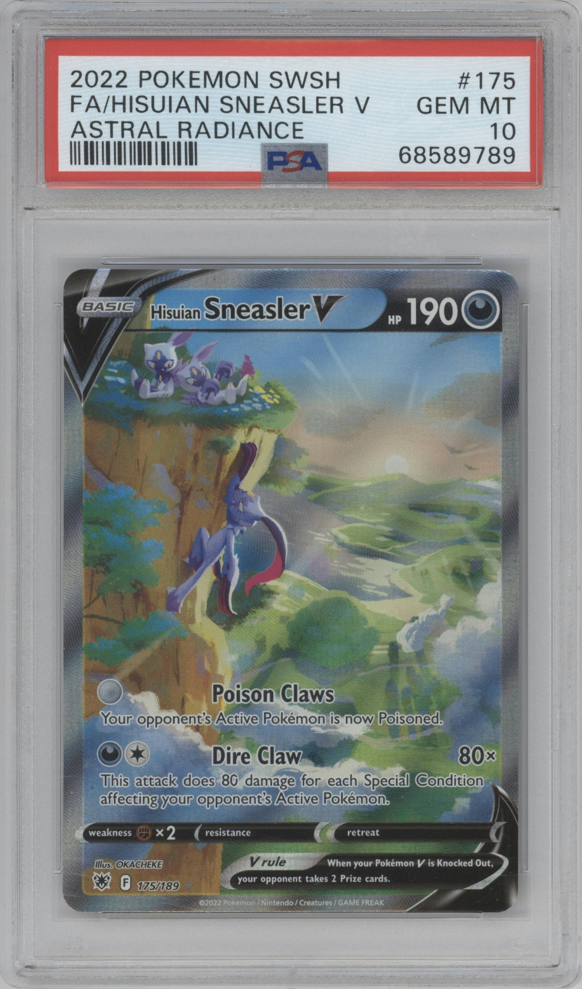 Hisuian Sneasler V from the 2022 Pokemon SWSH set graded by PSA and given an overall grade of 10.