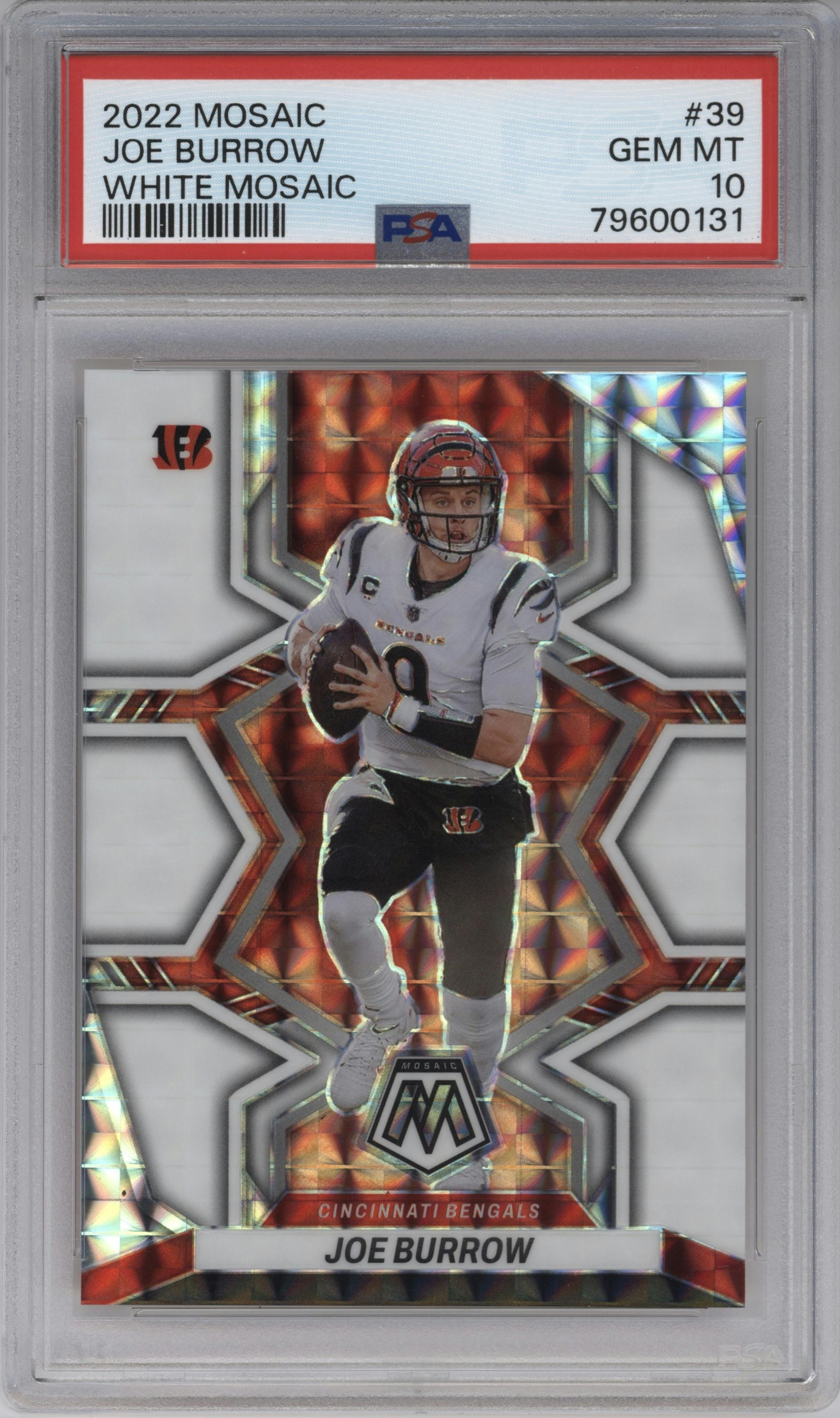 Joe Burrow from the 2022 Panini Mosaic set featuring a White Mosaic parallel graded by PSA and given an overall grade of 10.