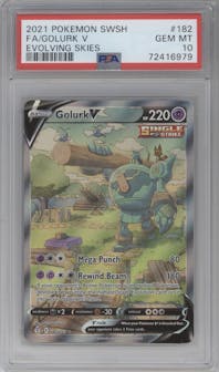 Golurk V from the 2021 Pokemon SWSH set graded by PSA and given an overall grade of 10.