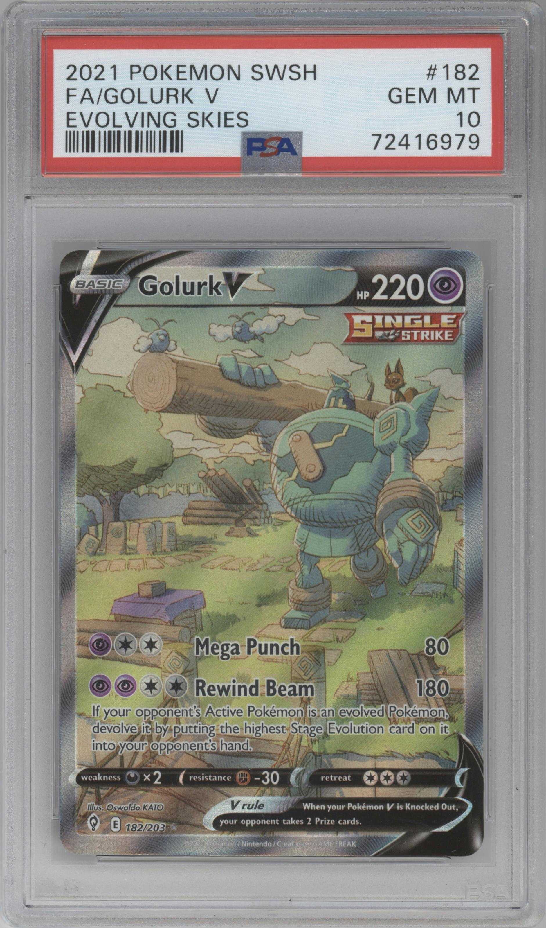 Golurk V from the 2021 Pokemon SWSH set graded by PSA and given an overall grade of 10.