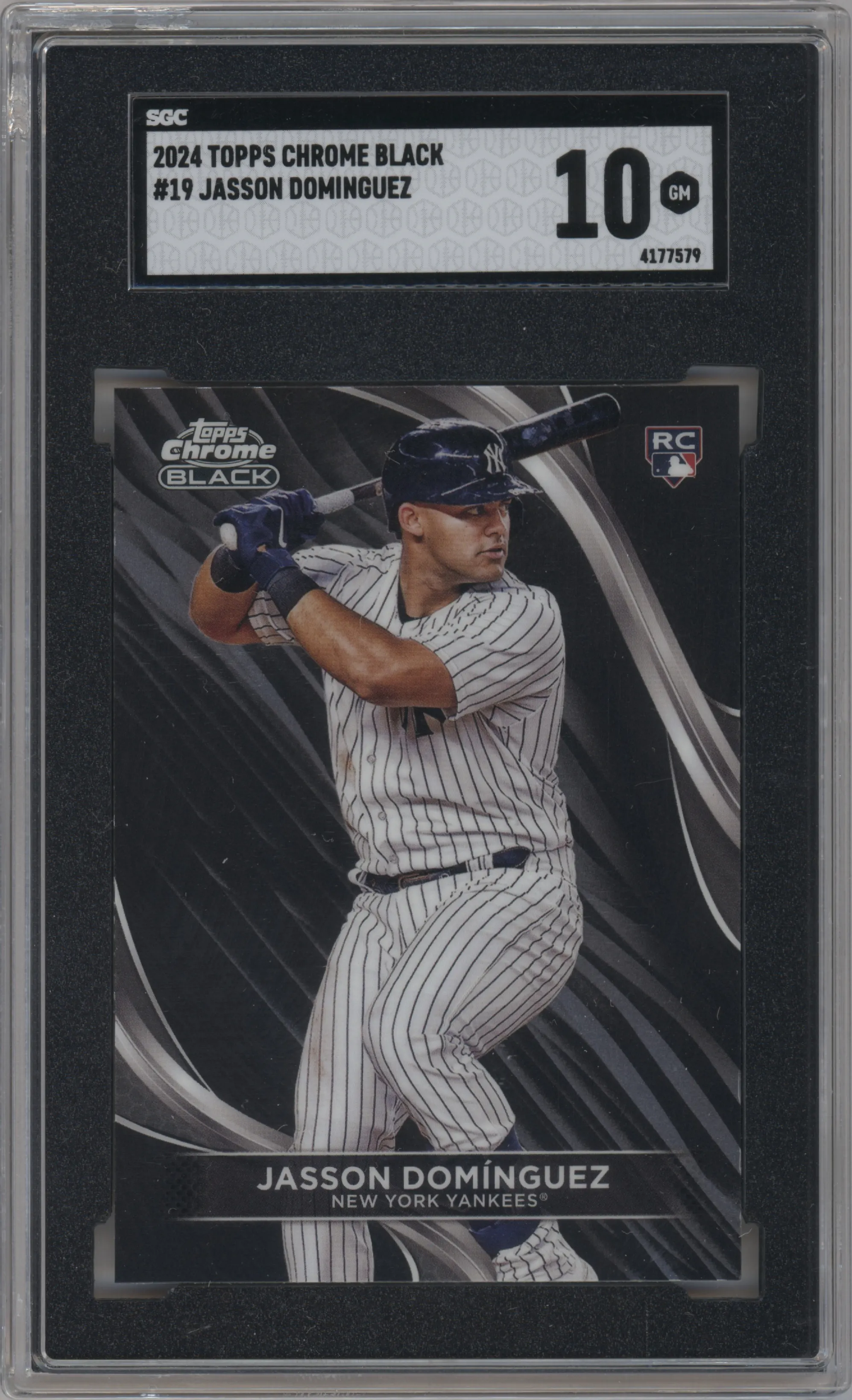 Jasson Dominguez from the  2024 Topps Chrome Black set graded by SGC and given an overall grade of 10.