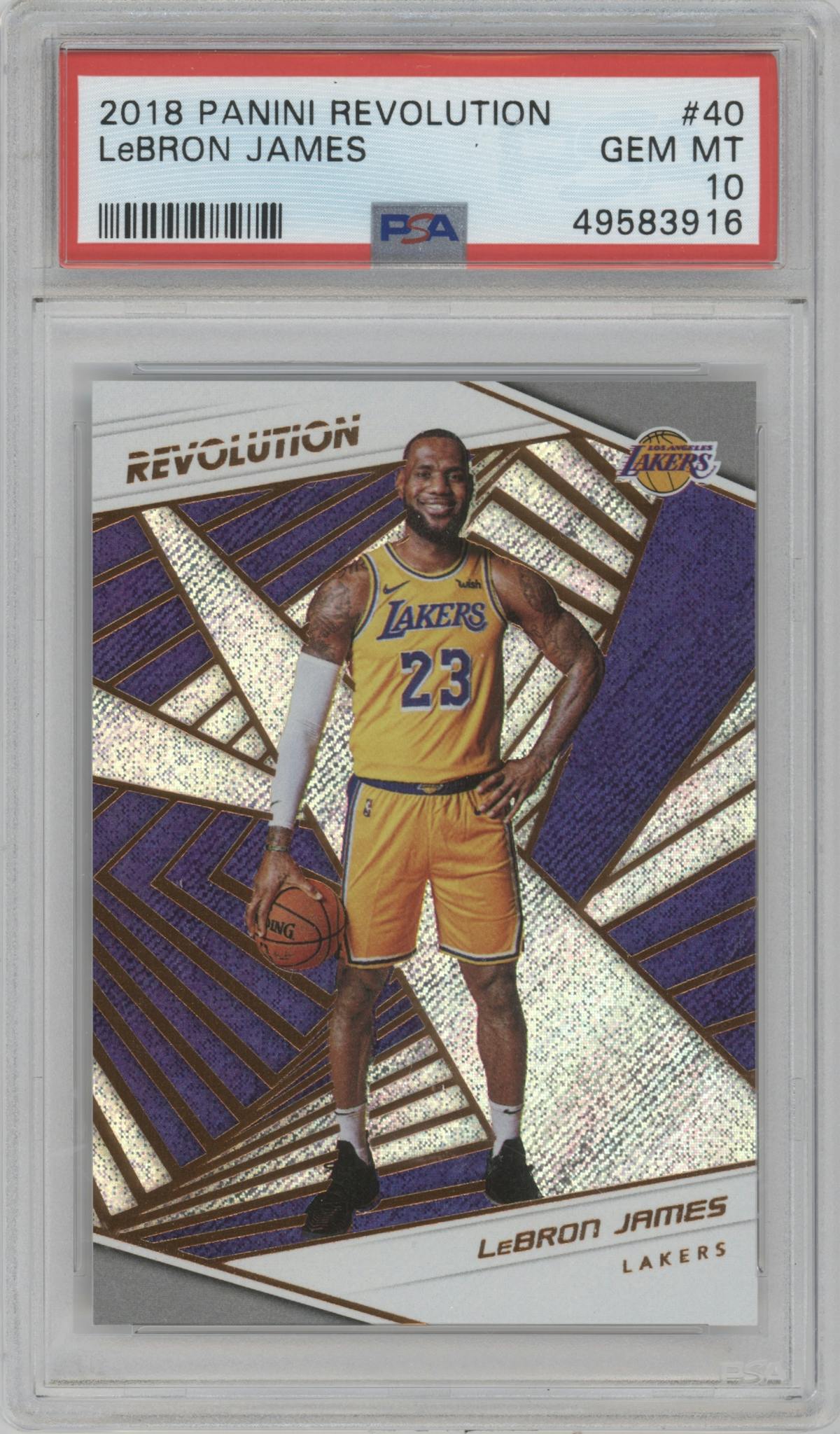 LeBron James from the 2018-19 Panini Revolution  set graded by PSA and given an overall grade of 10.